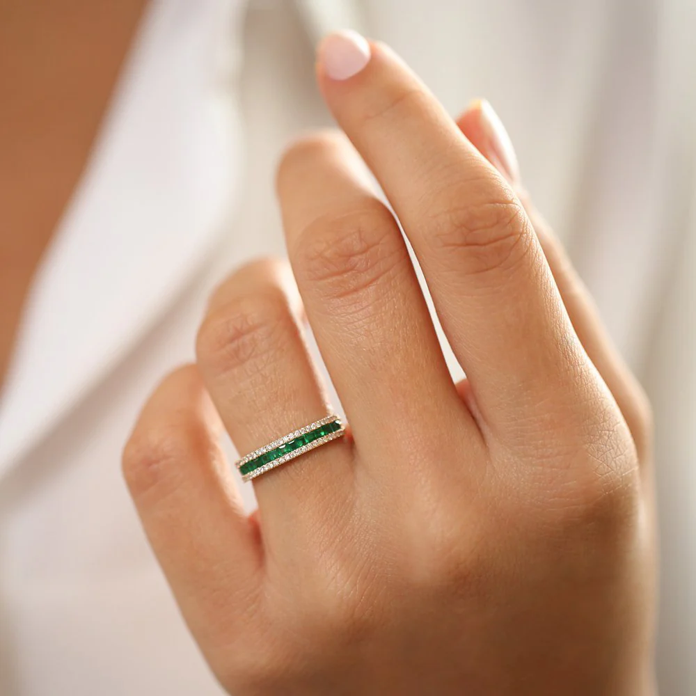 14k  Half Eternity Square Emerald Anniversary Ring - Image 3