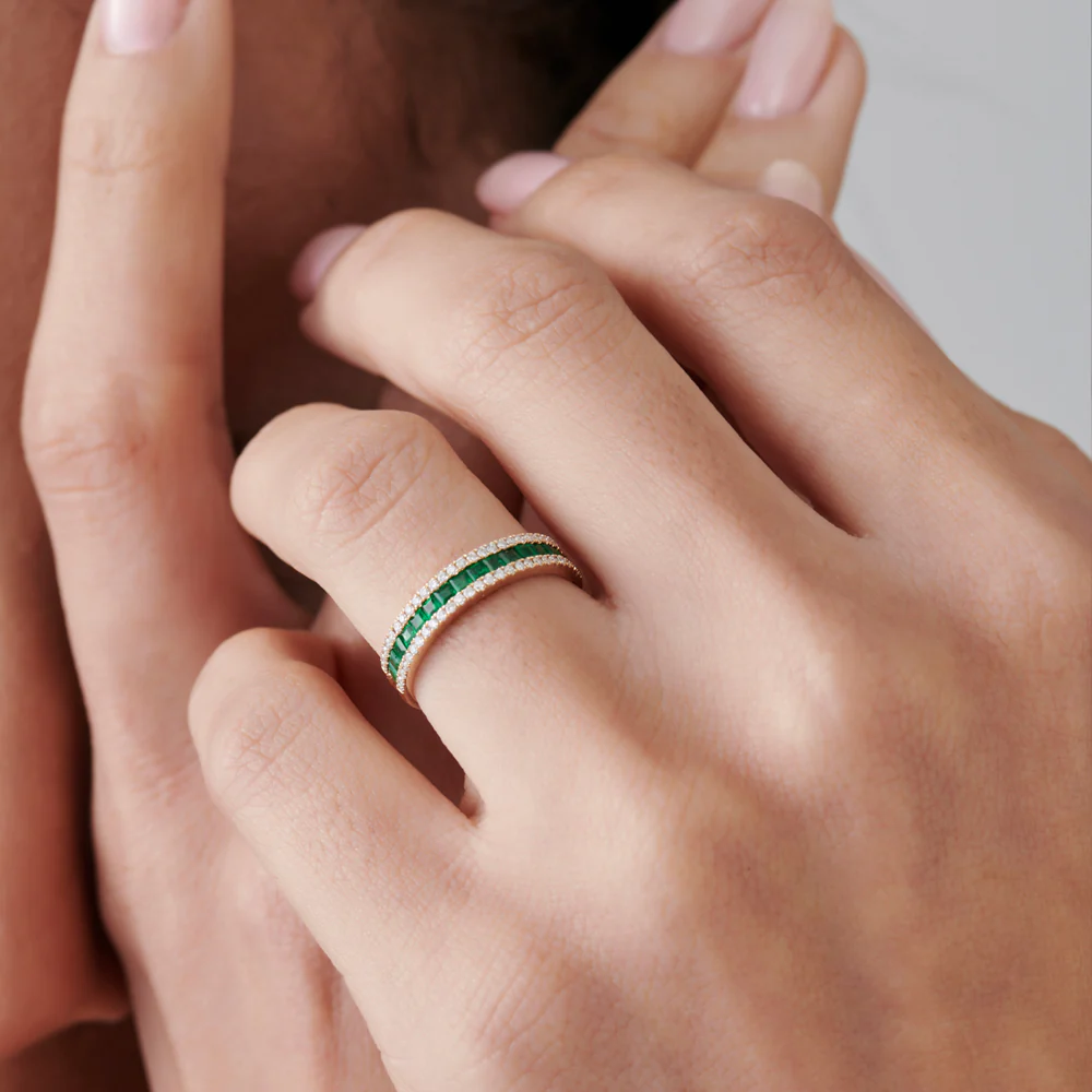 14k  Half Eternity Square Emerald Anniversary Ring - Image 6