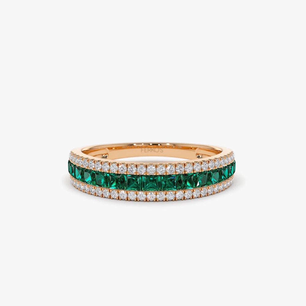14k  Half Eternity Square Emerald Anniversary Ring - Image 7