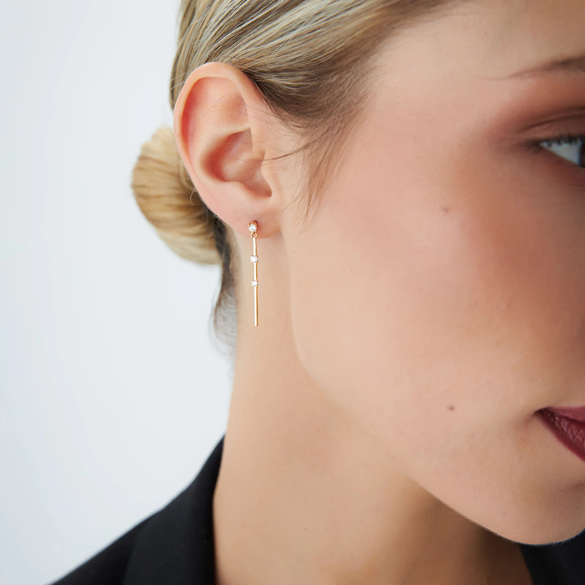 14K Linear Bar Triple Diamond Drop Earrings - Image 2