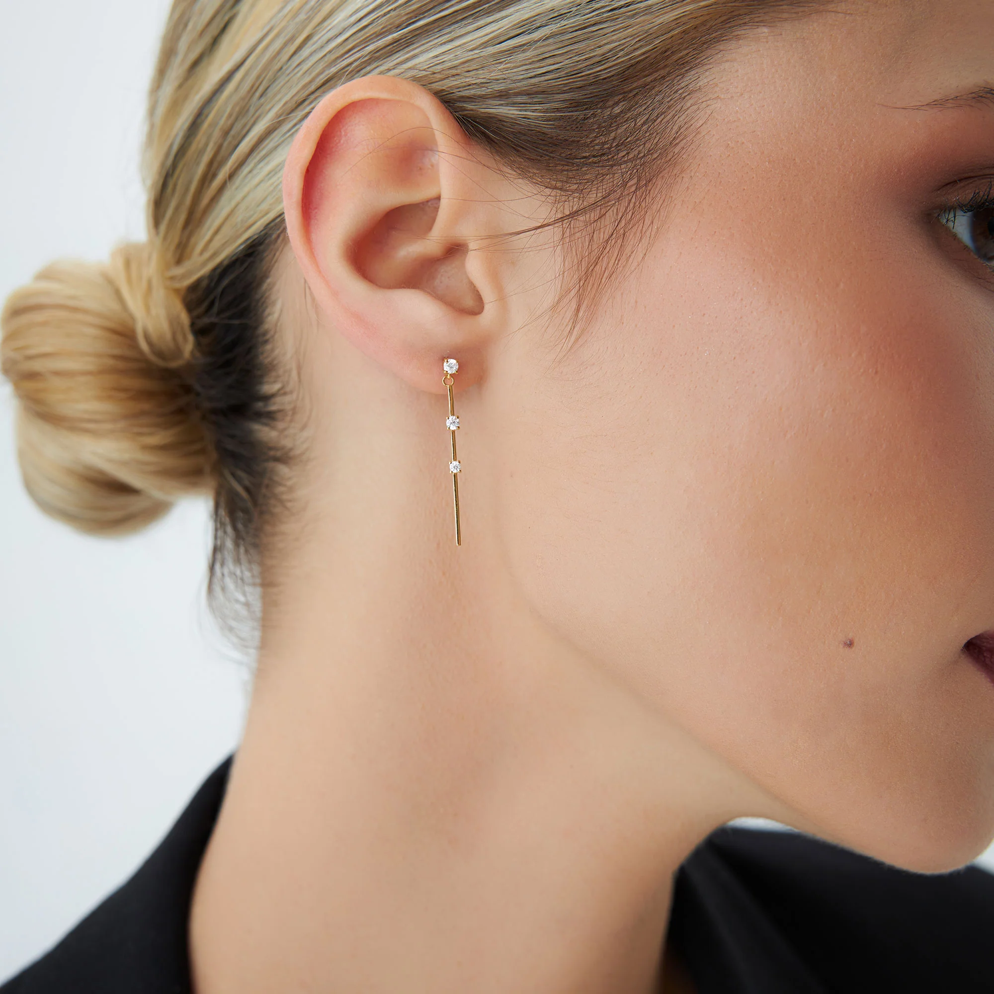 14K Linear Bar Triple Diamond Drop Earrings - Image 3