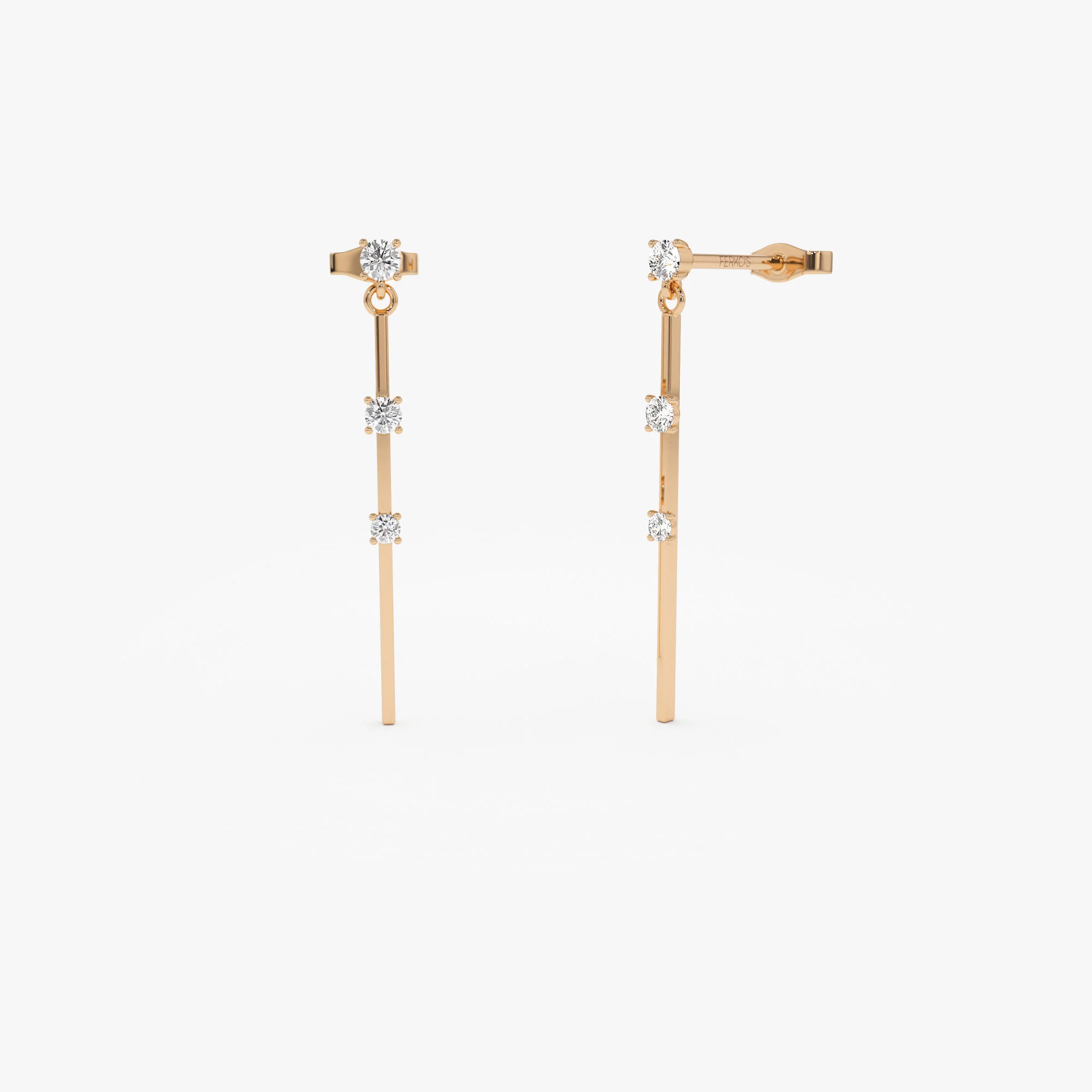 14K Linear Bar Triple Diamond Drop Earrings - Image 4
