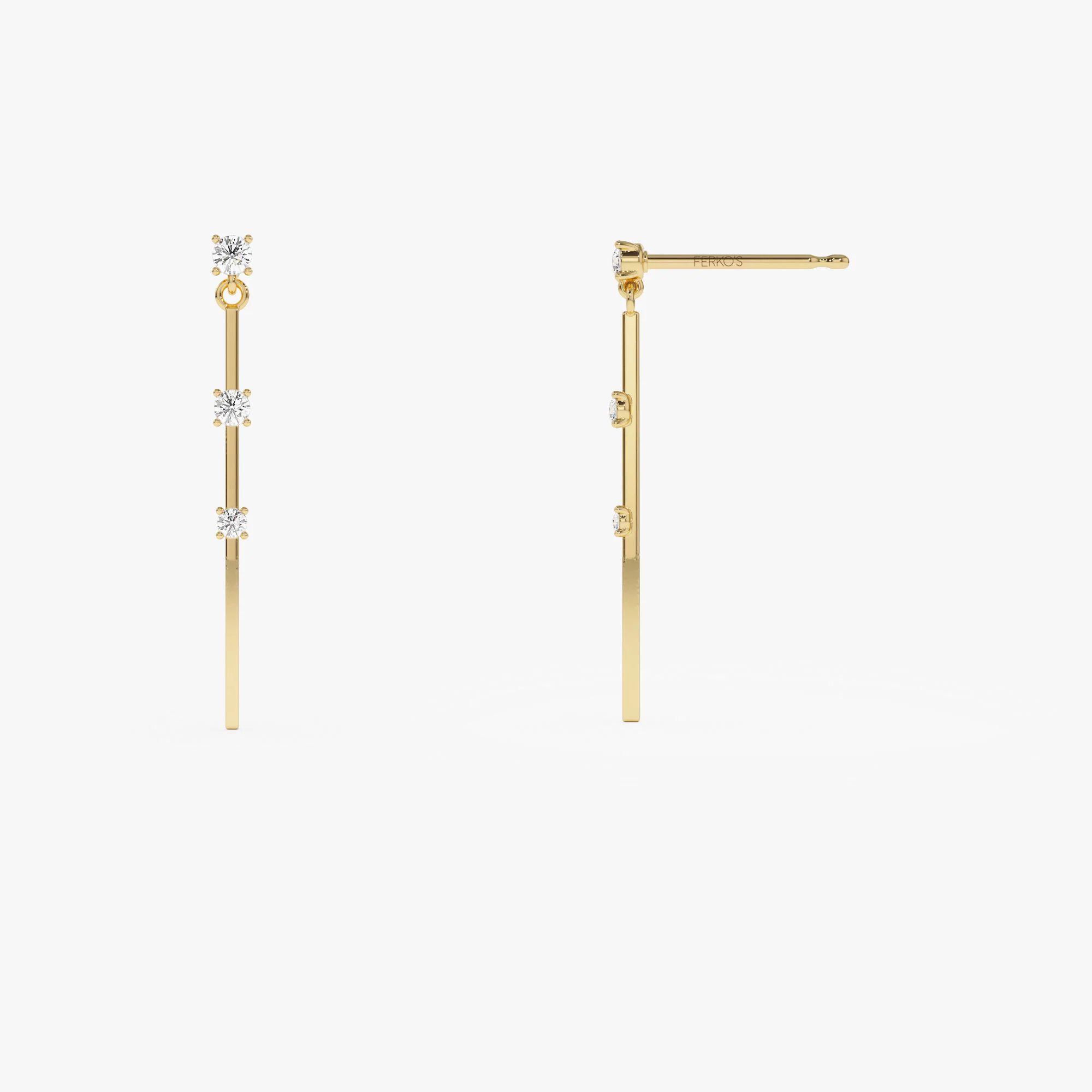 14K Linear Bar Triple Diamond Drop Earrings - Image 6