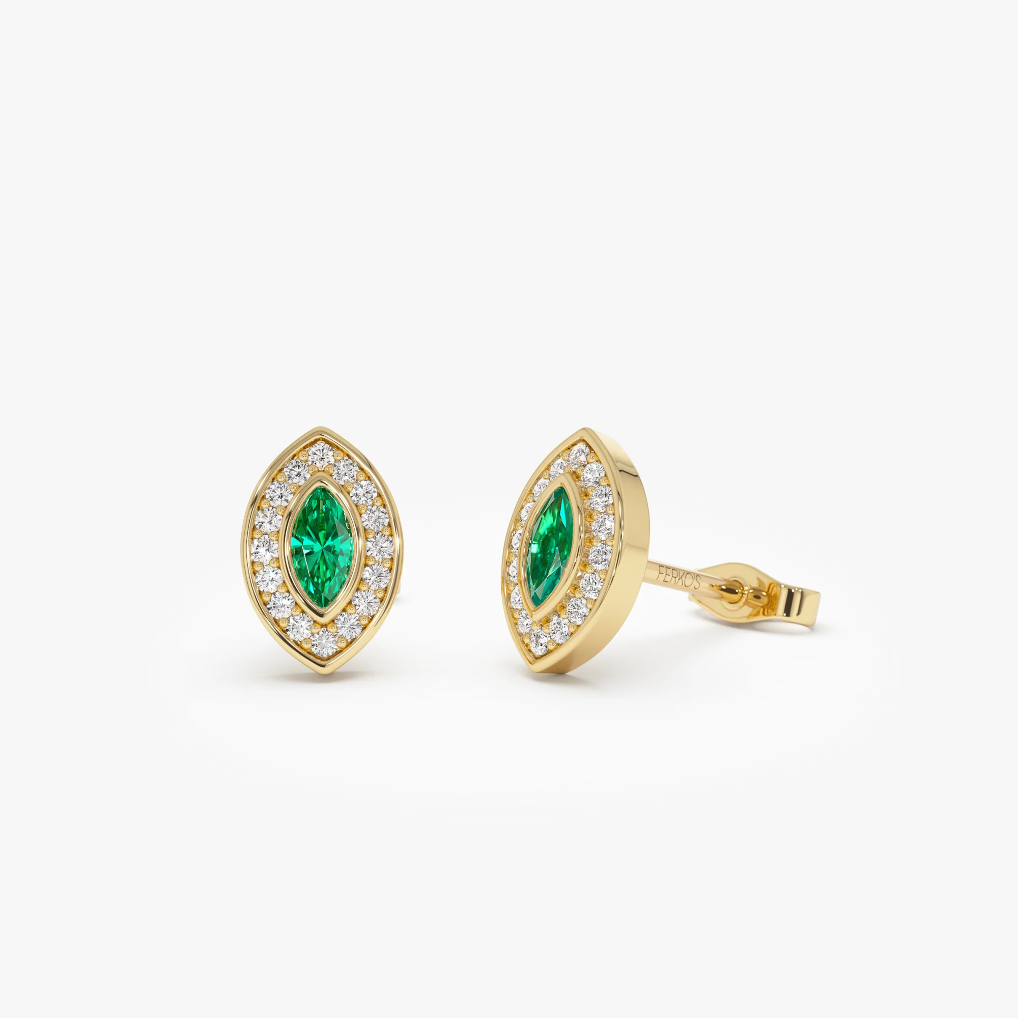 14k Marquise Emerald Diamond Halo Stud Earrings