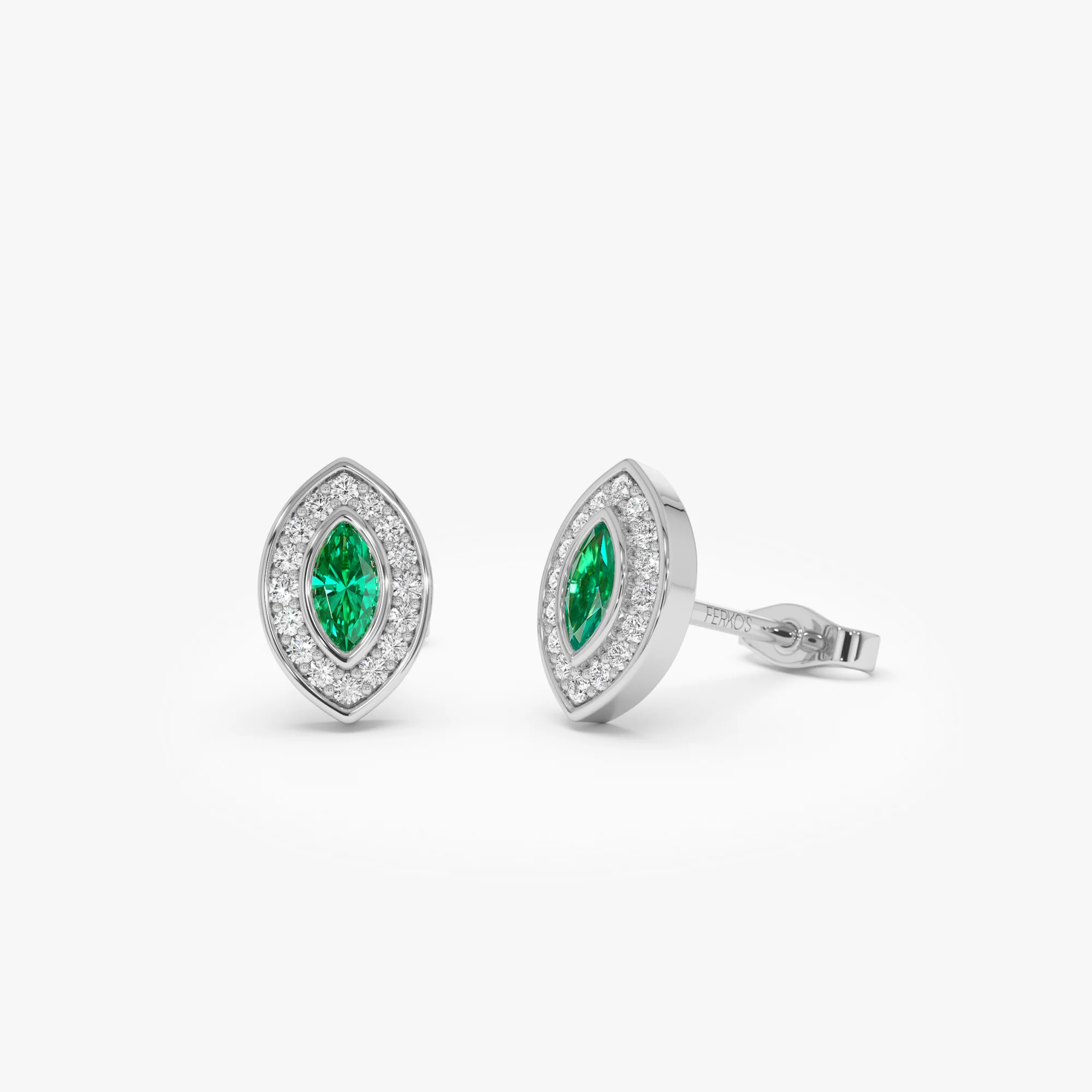 14k Marquise Emerald Diamond Halo Stud Earrings - Image 5