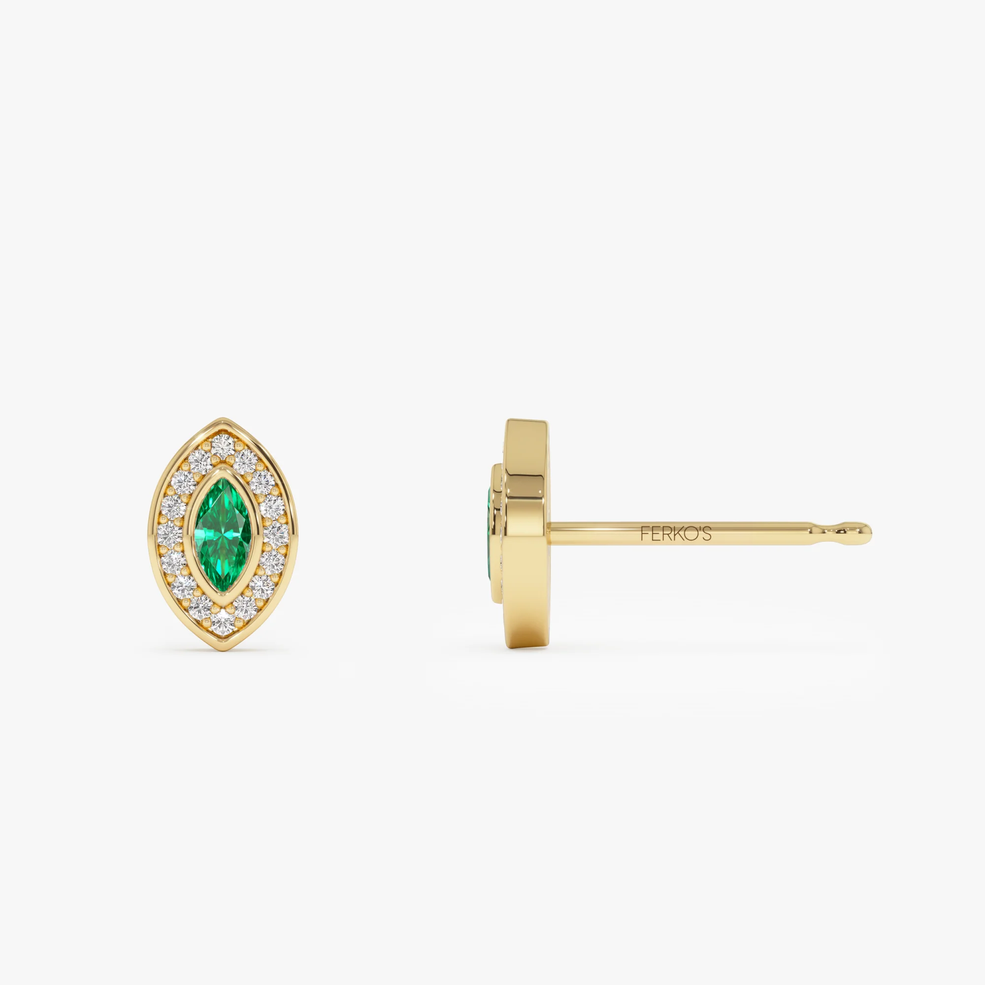 14k Marquise Emerald Diamond Halo Stud Earrings - Image 6