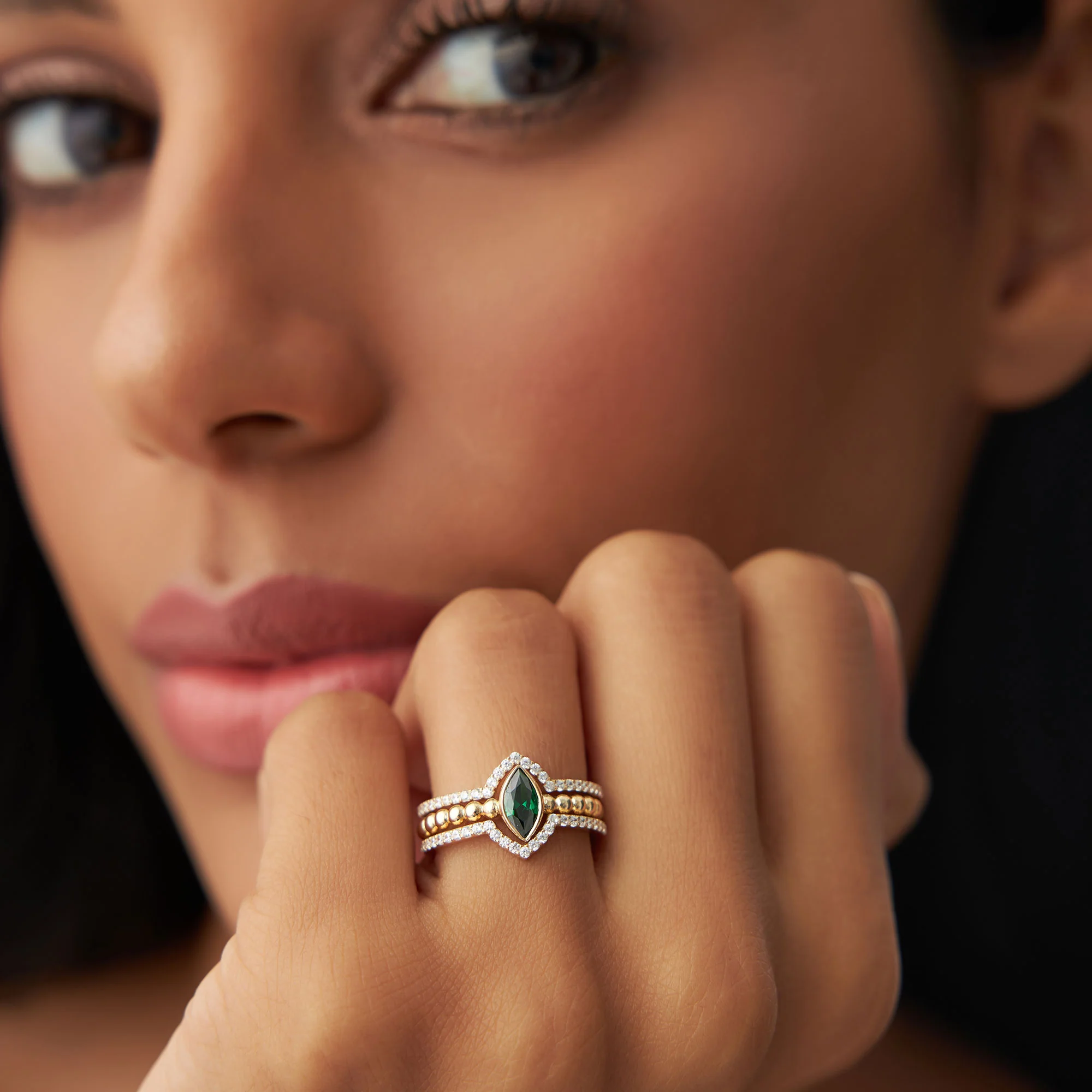 14k Marquise Shaped Emerald Ring with Nesting Diamond Bands - Image 2