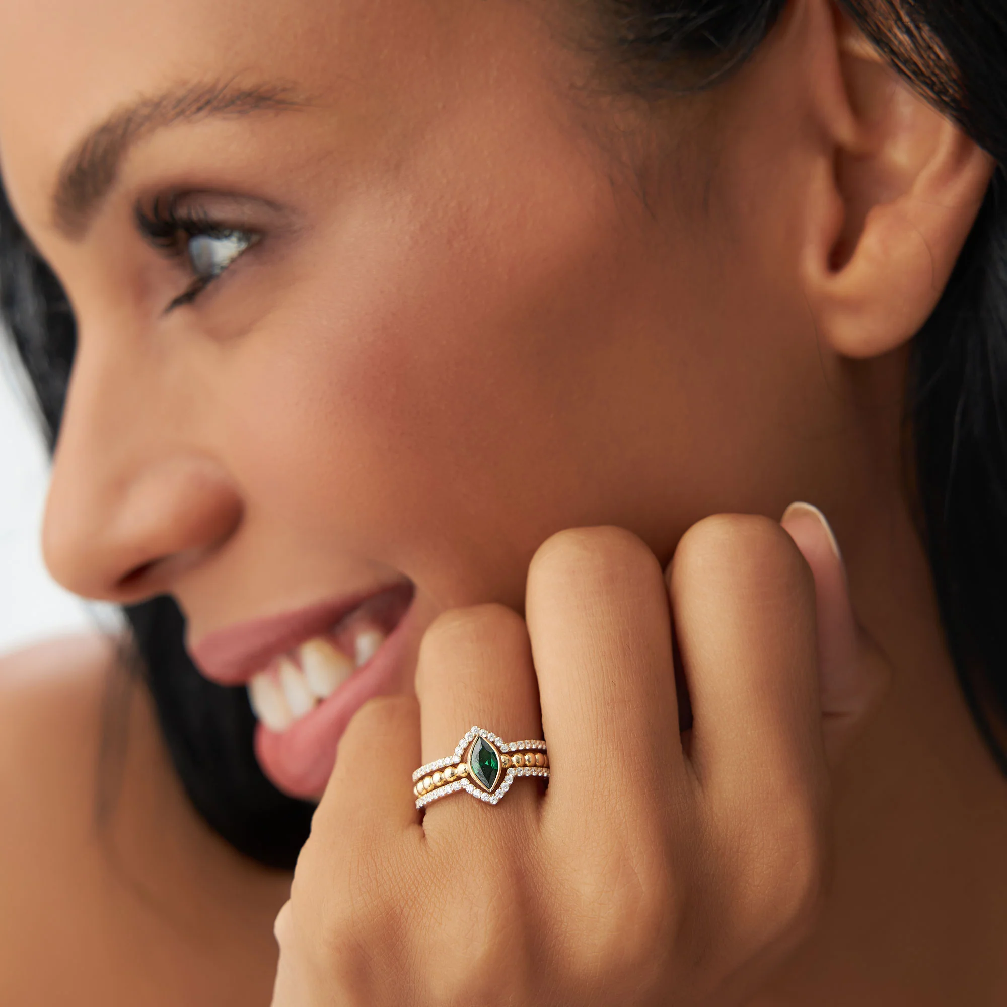 14k Marquise Shaped Emerald Ring with Nesting Diamond Bands - Image 4