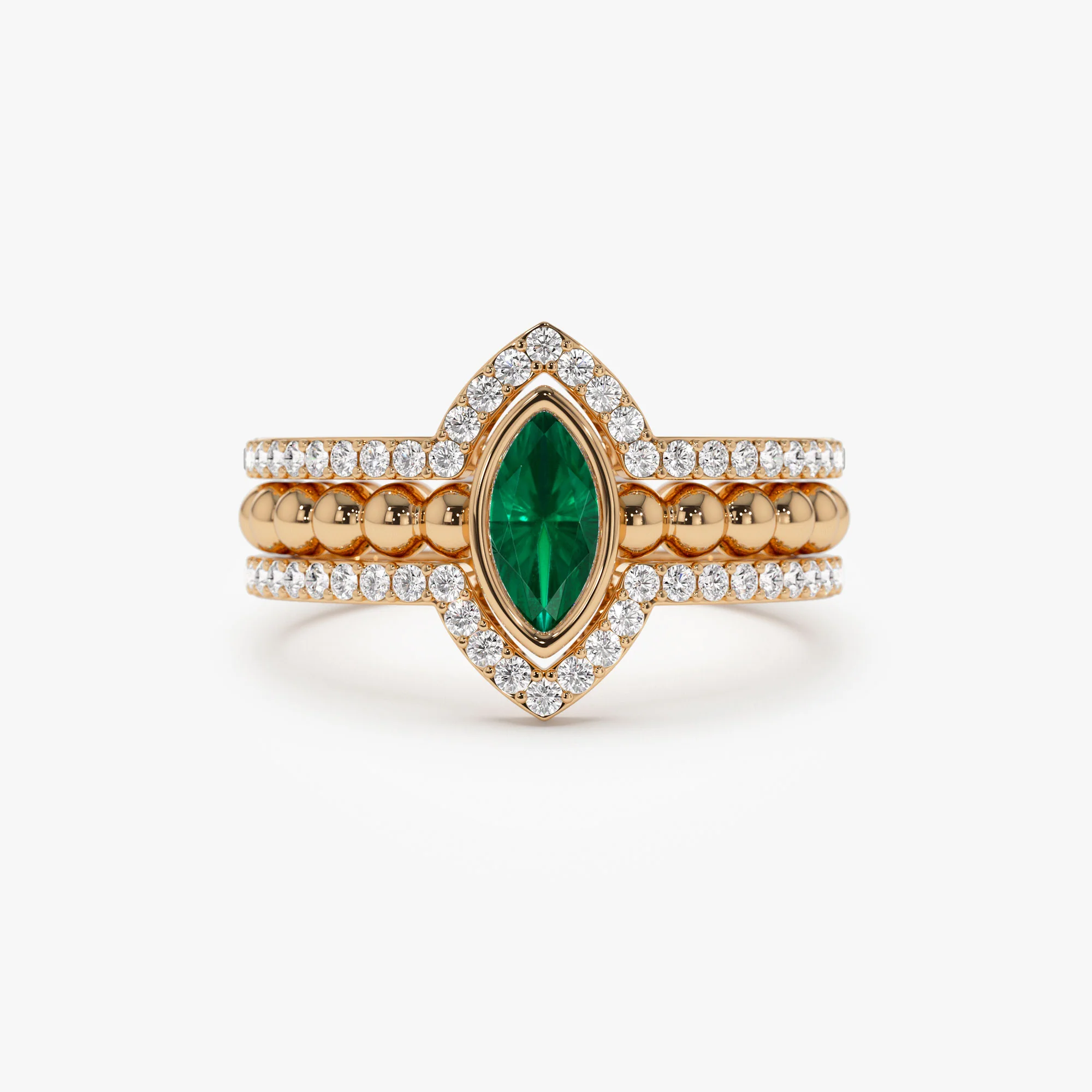 14k Marquise Shaped Emerald Ring with Nesting Diamond Bands - Image 6