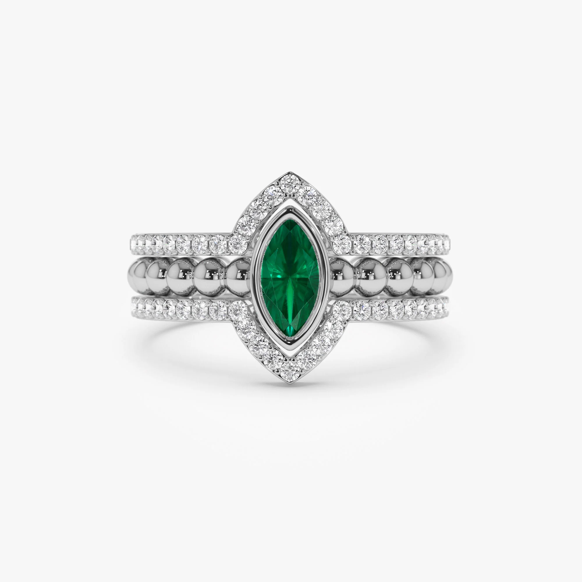 14k Marquise Shaped Emerald Ring with Nesting Diamond Bands - Image 7