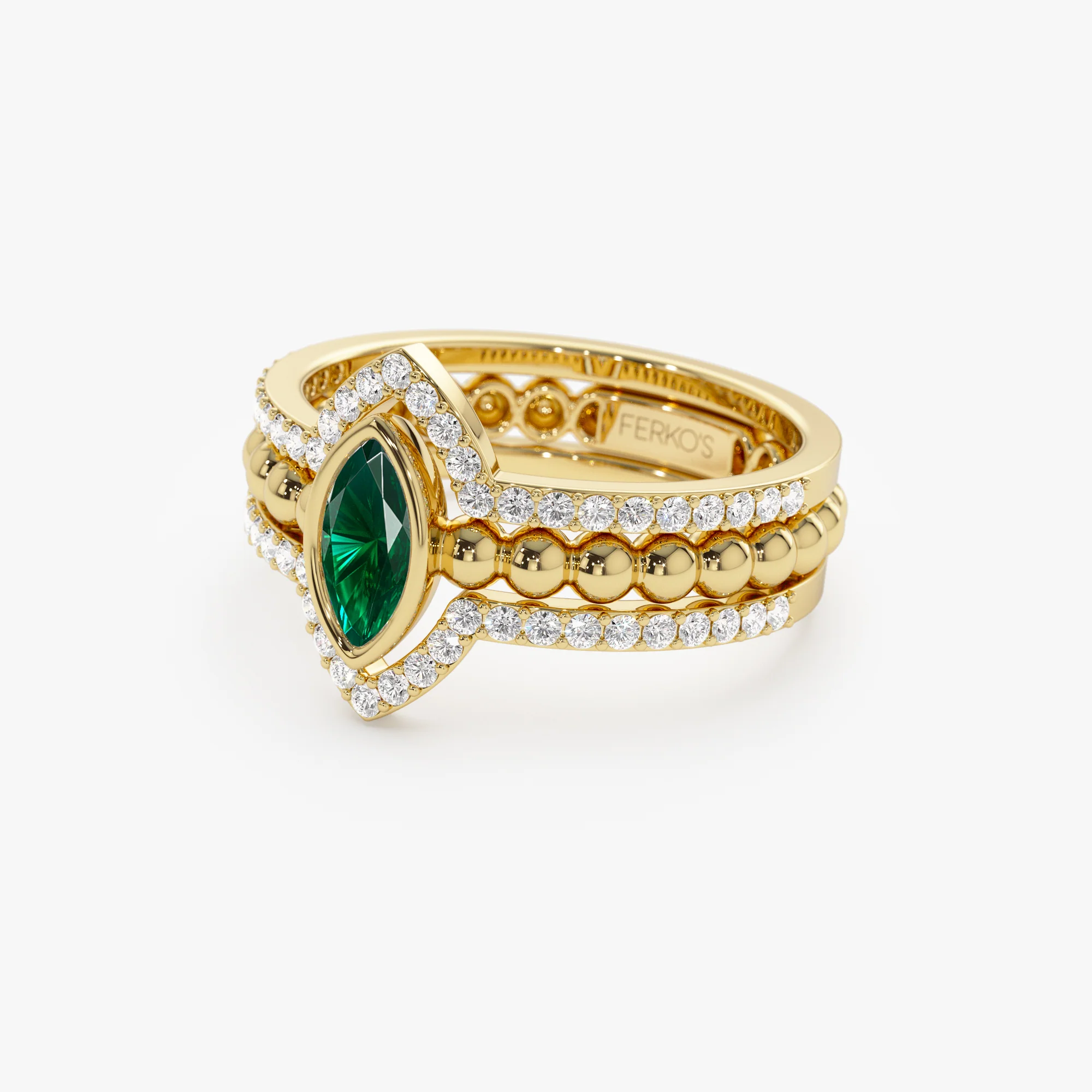 14k Marquise Shaped Emerald Ring with Nesting Diamond Bands - Image 8