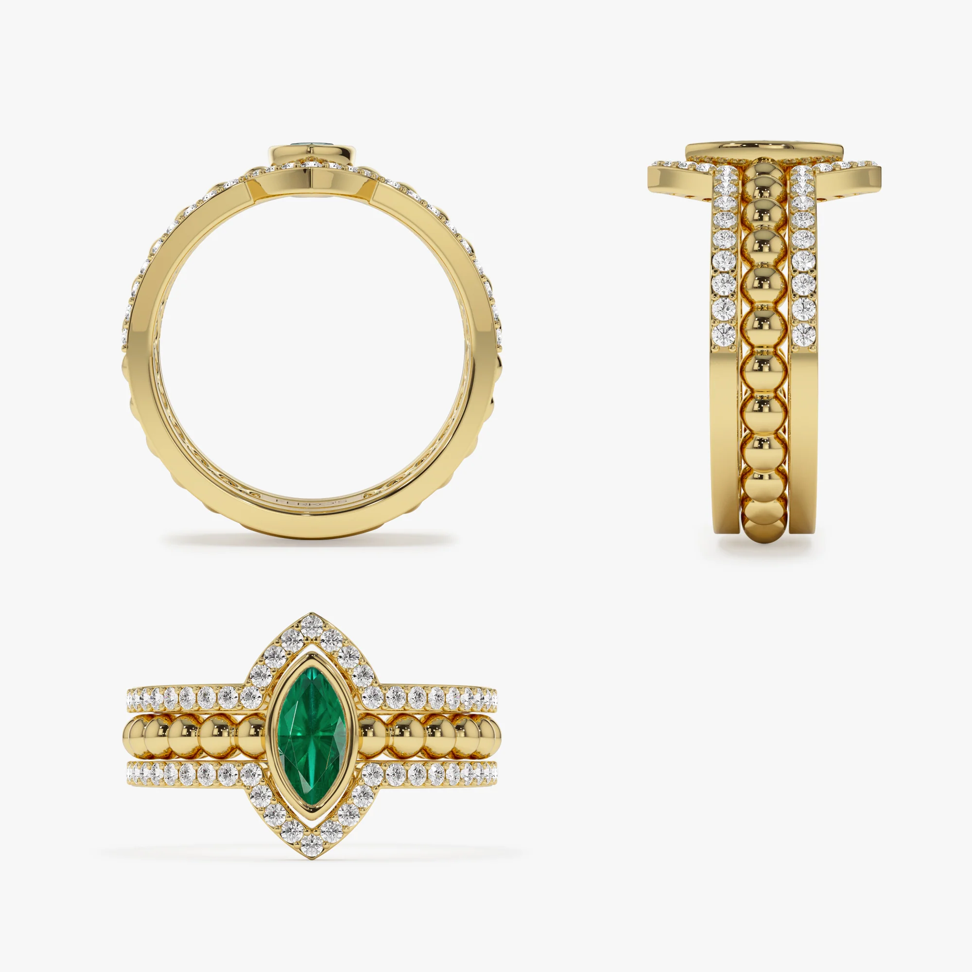 14k Marquise Shaped Emerald Ring with Nesting Diamond Bands - Image 9