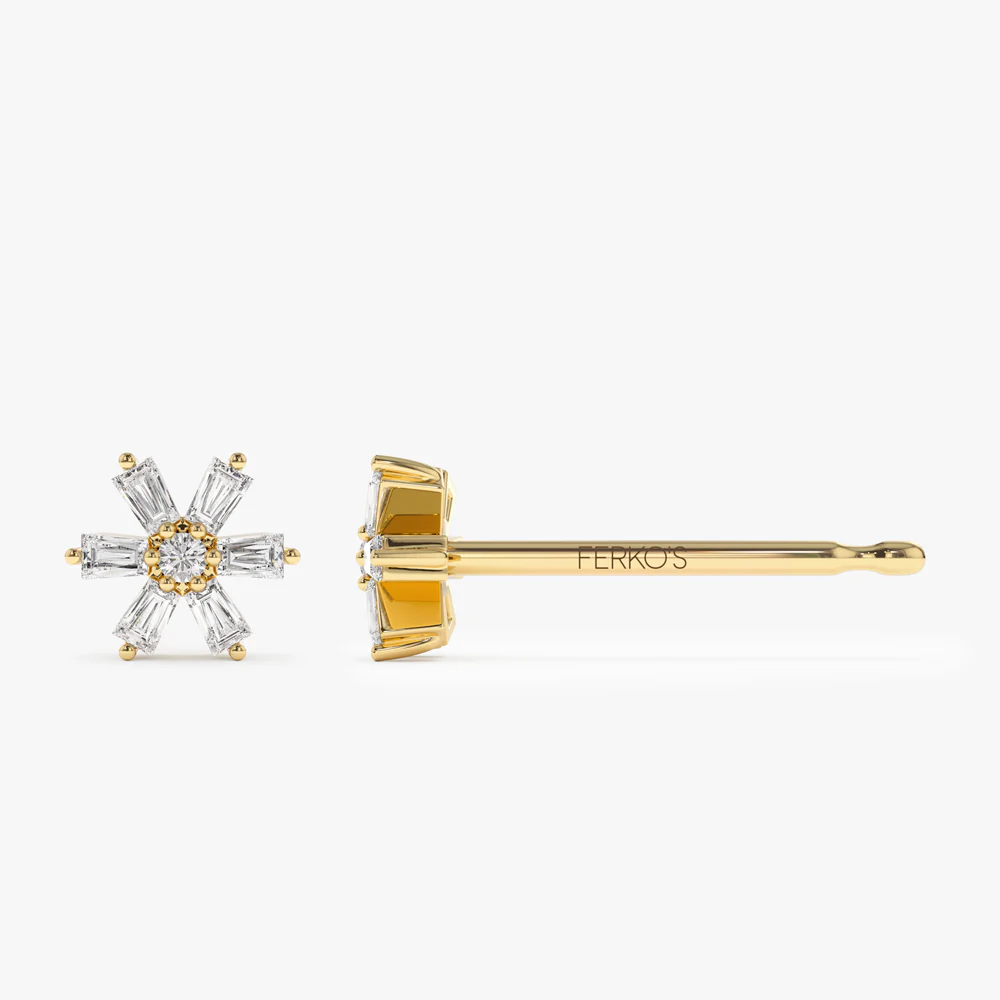 14k Mini Flower Baguette Diamond Earrings - Image 5