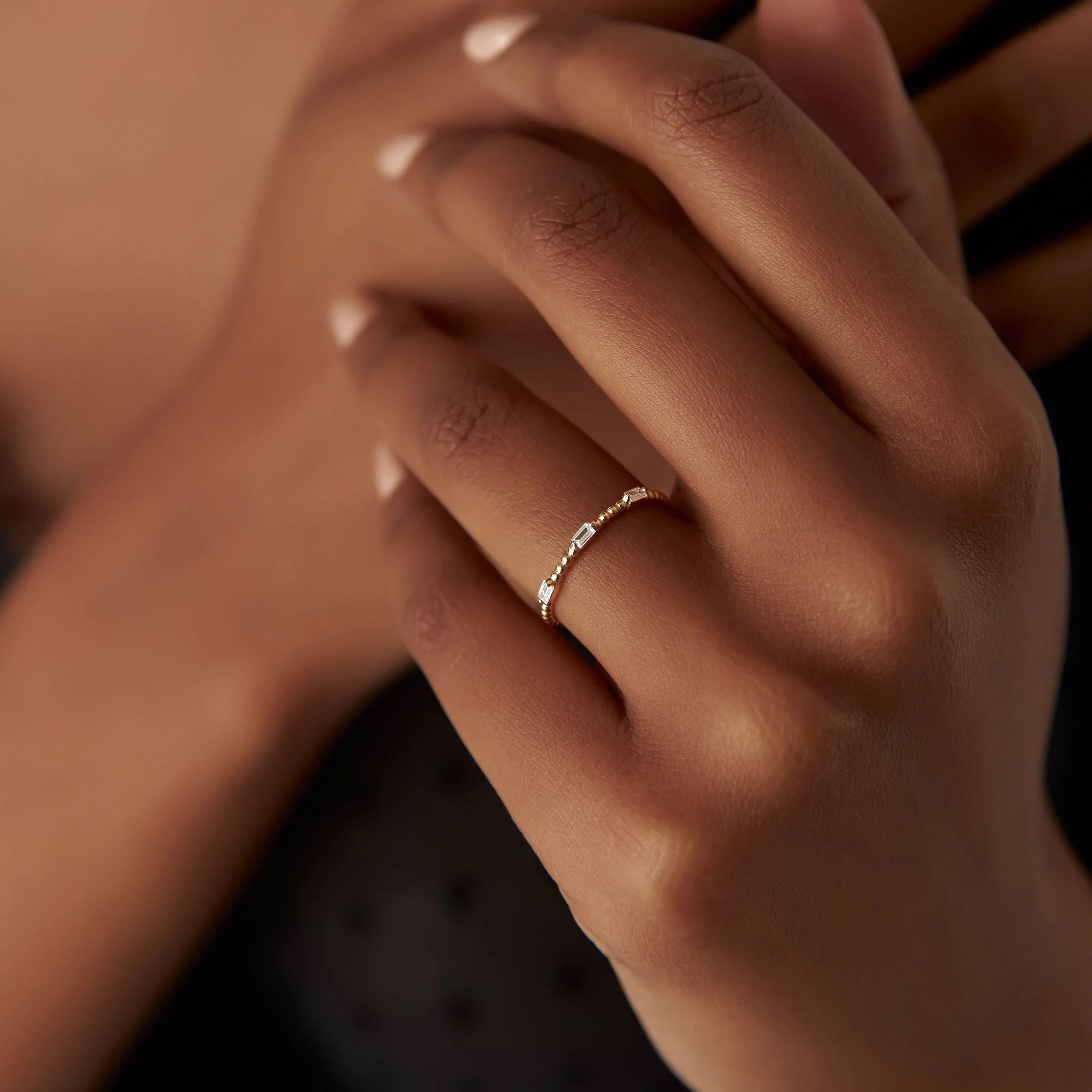 14K Minimalist Beaded Baguette Diamond Ring - Image 2