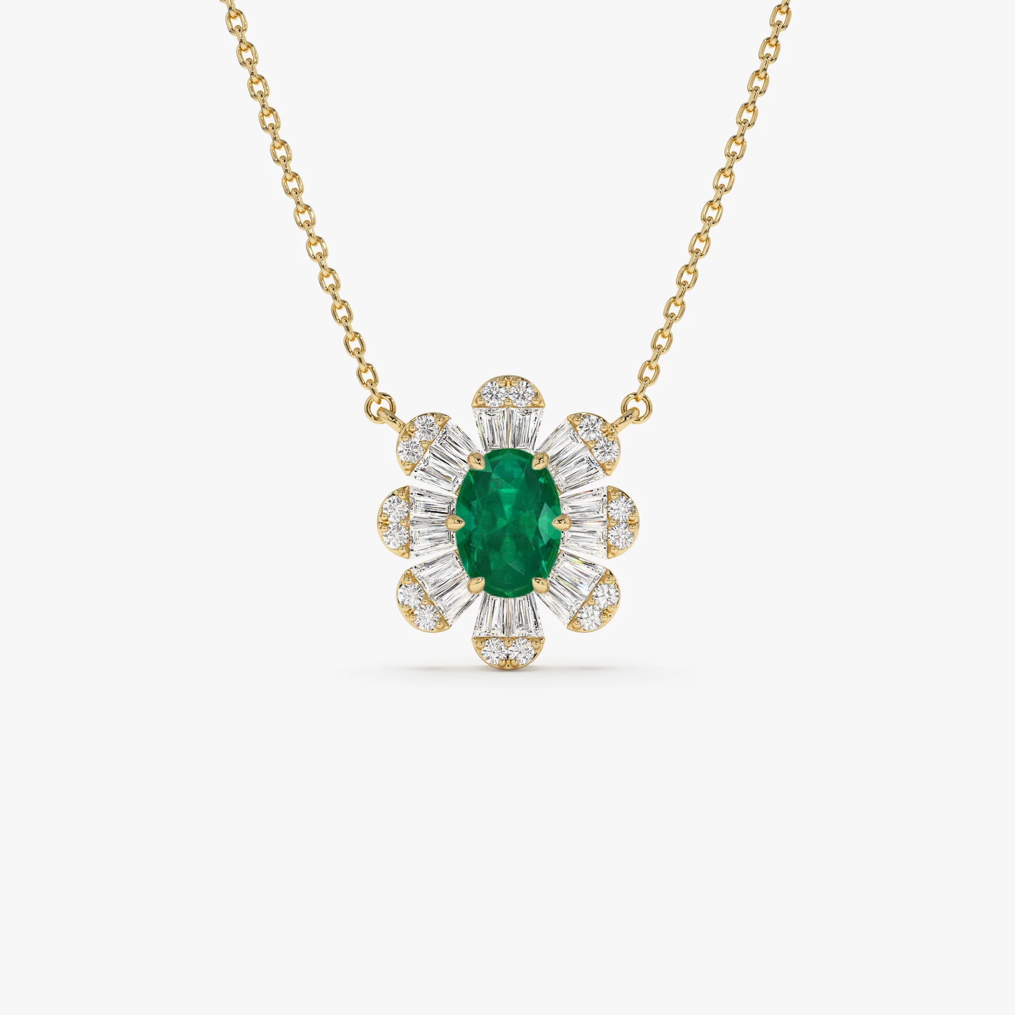 14k Oval Shape Emerald Necklace with Baguettes