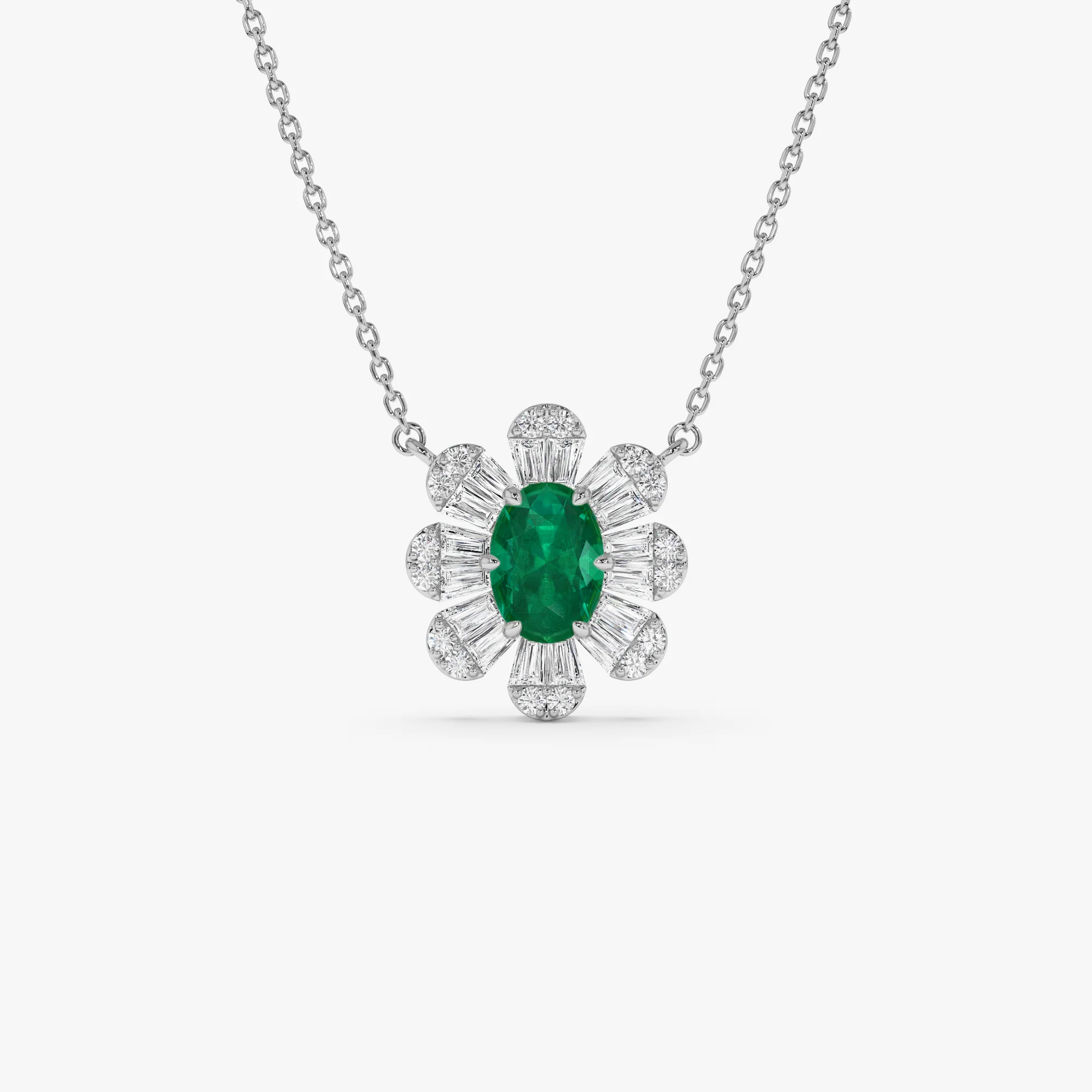14k Oval Shape Emerald Necklace with Baguettes - Image 5
