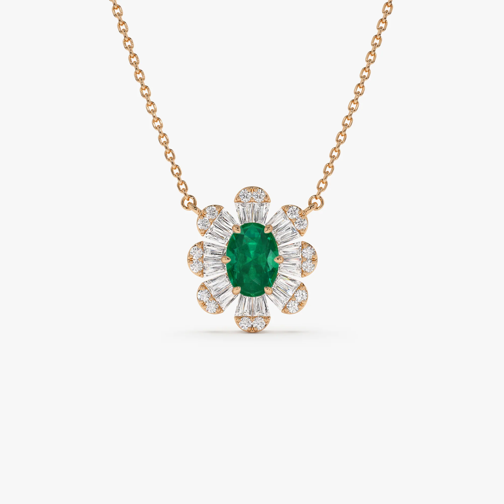 14k Oval Shape Emerald Necklace with Baguettes - Image 6