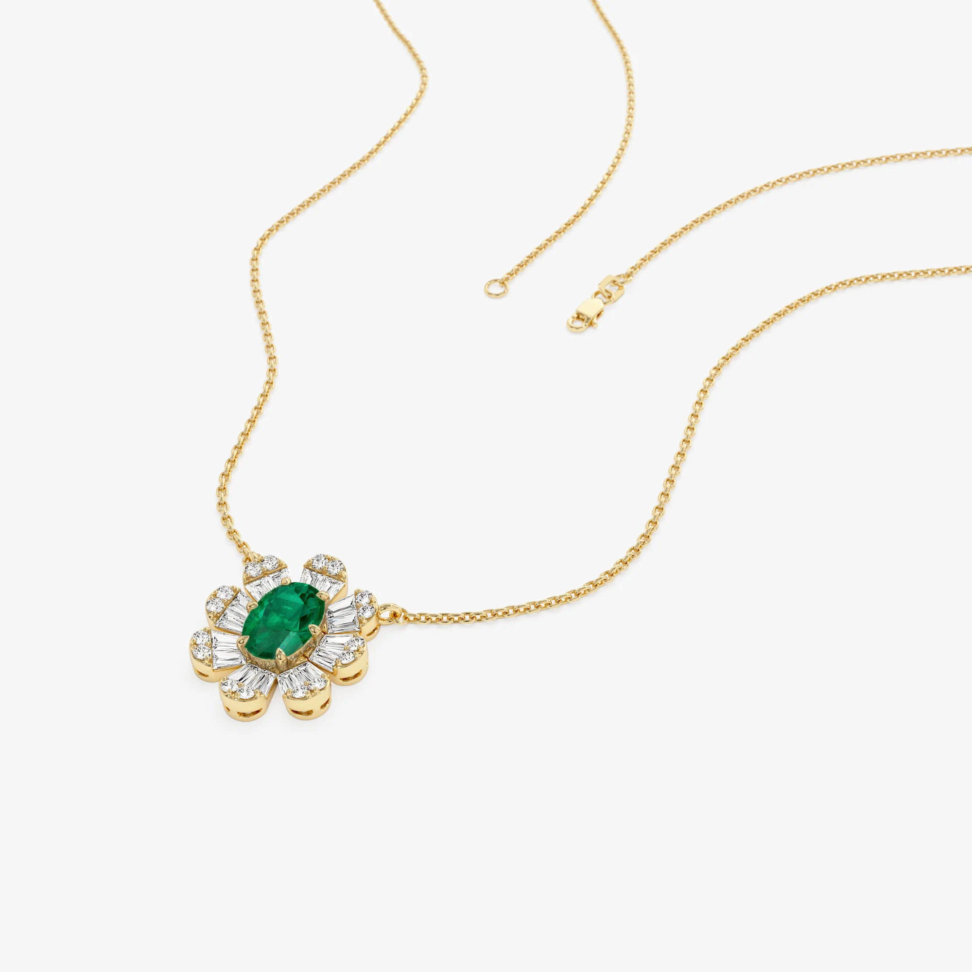 14k Oval Shape Emerald Necklace with Baguettes - Image 7