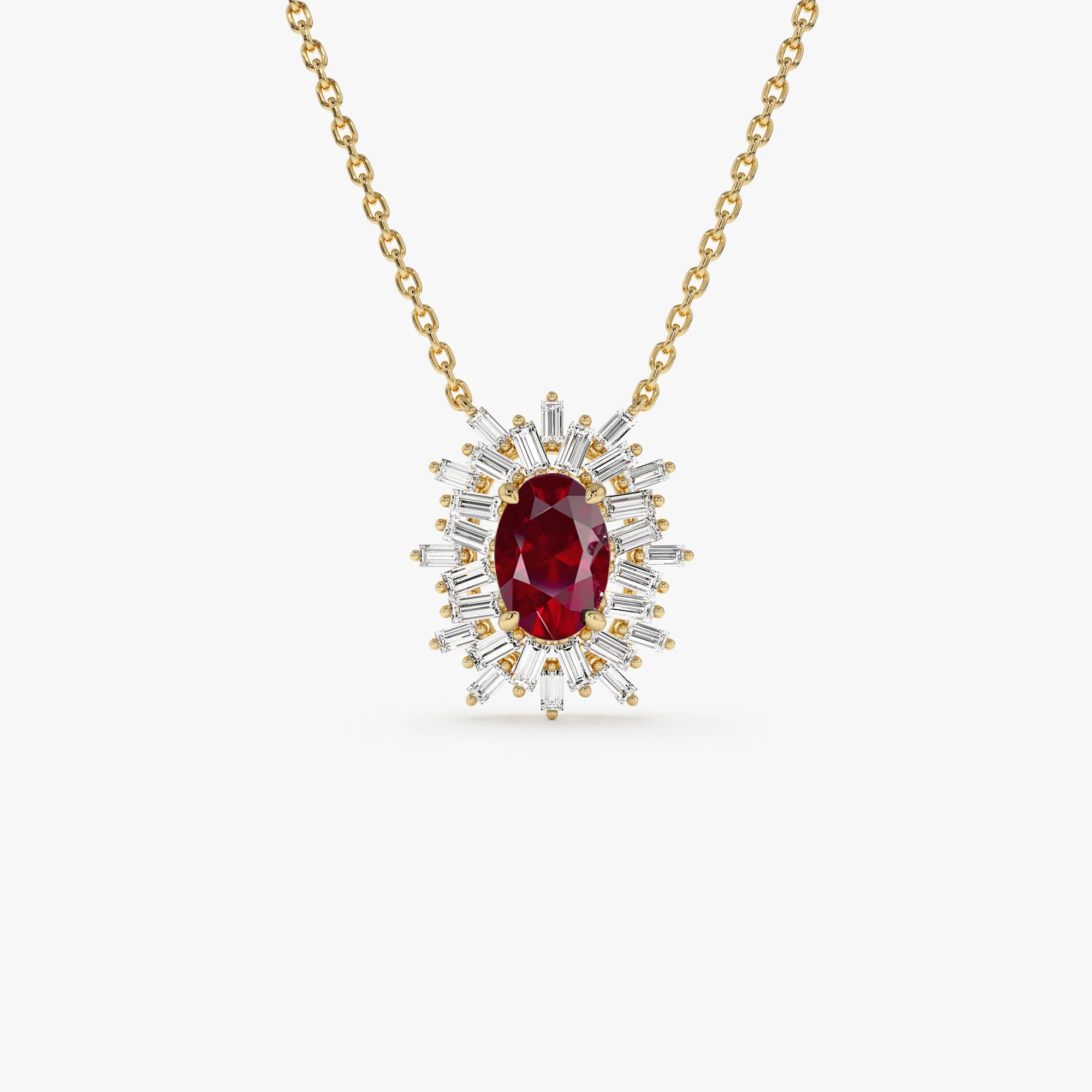 14k Oval Shape Ruby Necklace with Ballerina Baguettes