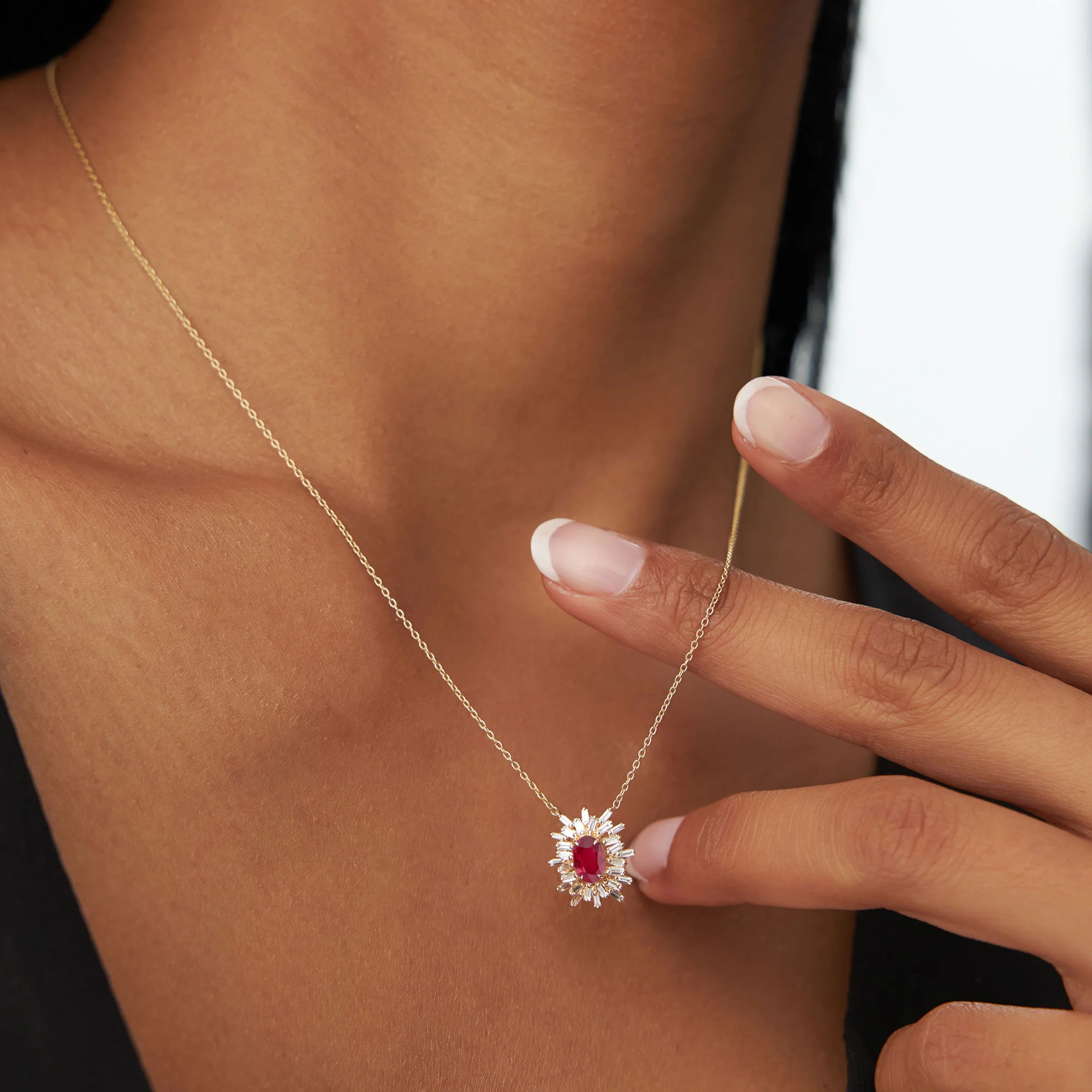 14k Oval Shape Ruby Necklace with Ballerina Baguettes - Image 2