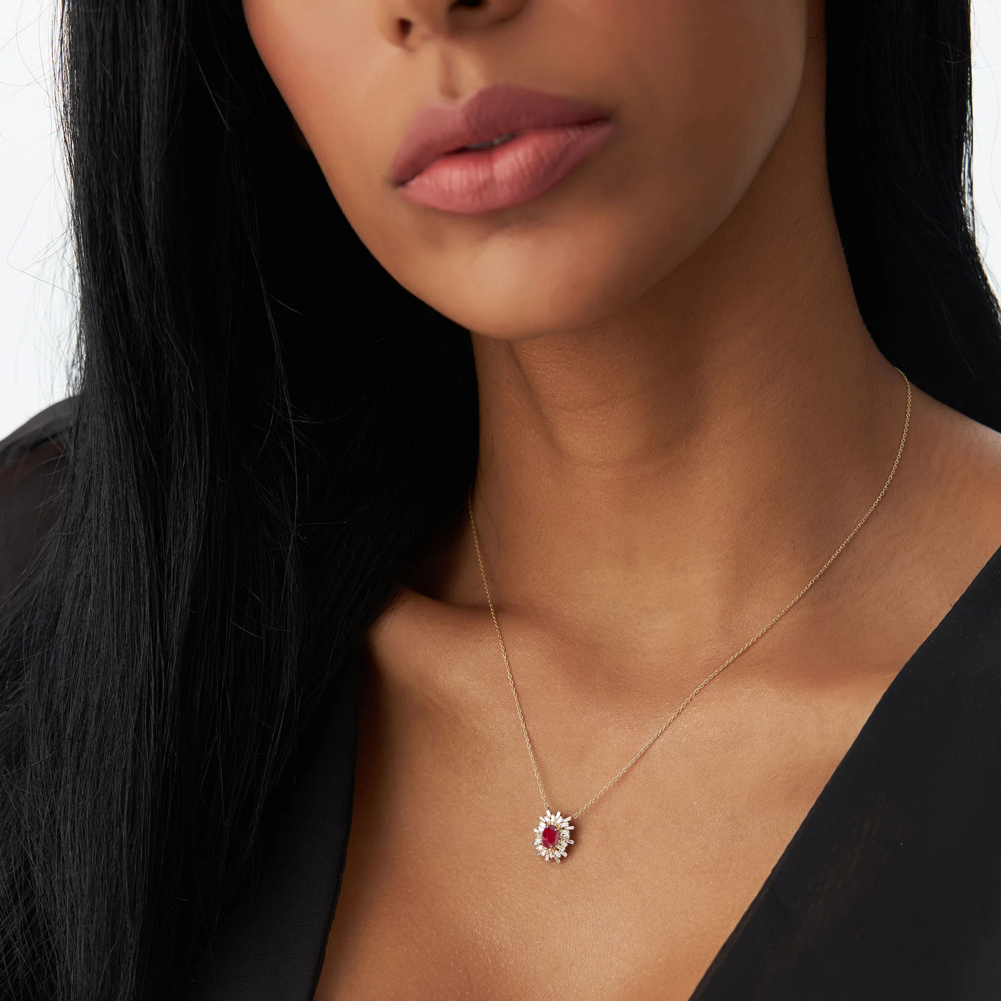 14k Oval Shape Ruby Necklace with Ballerina Baguettes - Image 3