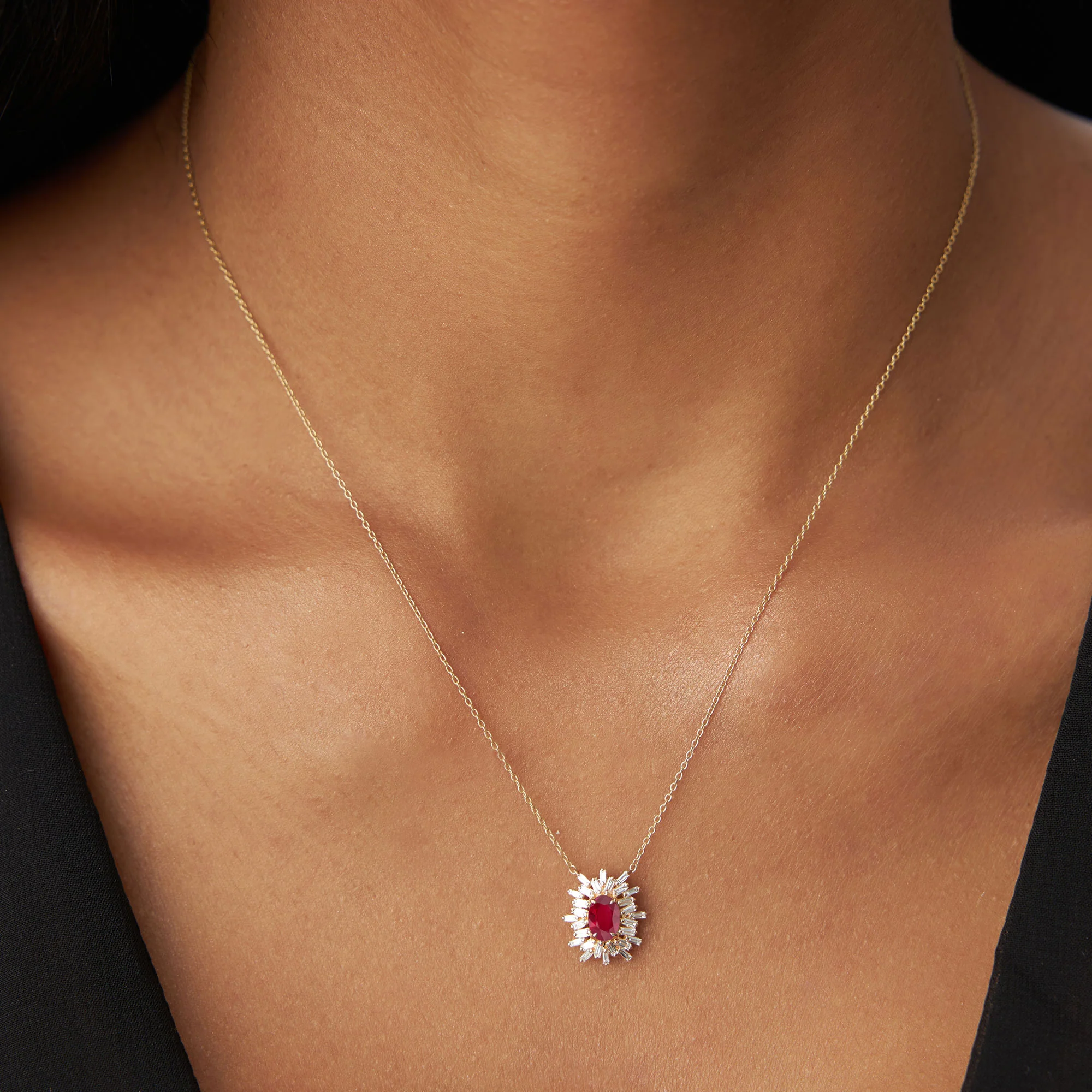 14k Oval Shape Ruby Necklace with Ballerina Baguettes - Image 4