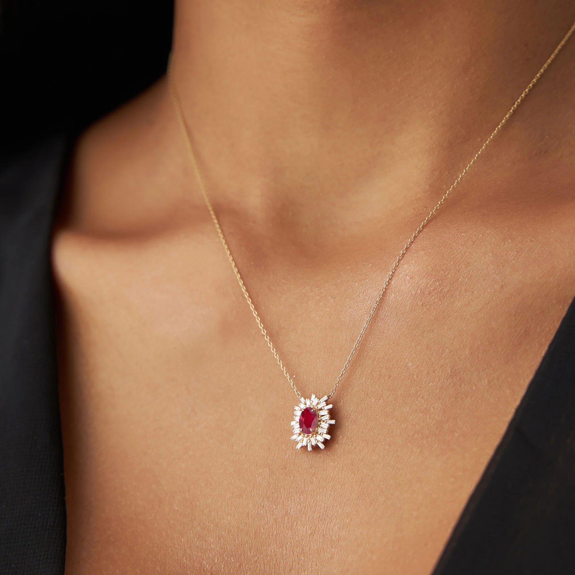14k Oval Shape Ruby Necklace with Ballerina Baguettes - Image 5