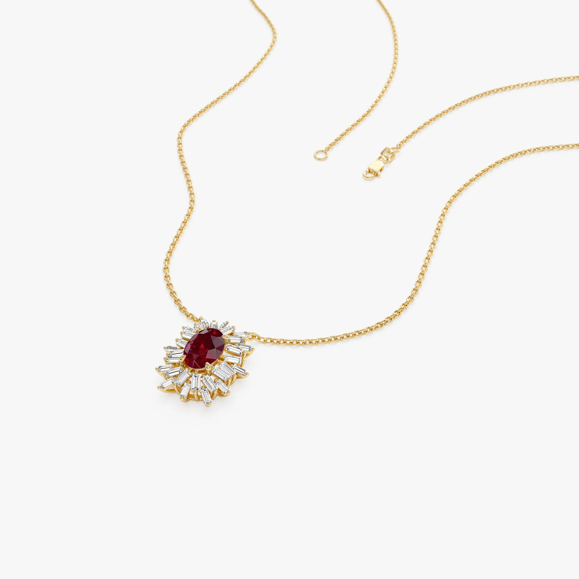 14k Oval Shape Ruby Necklace with Ballerina Baguettes - Image 7