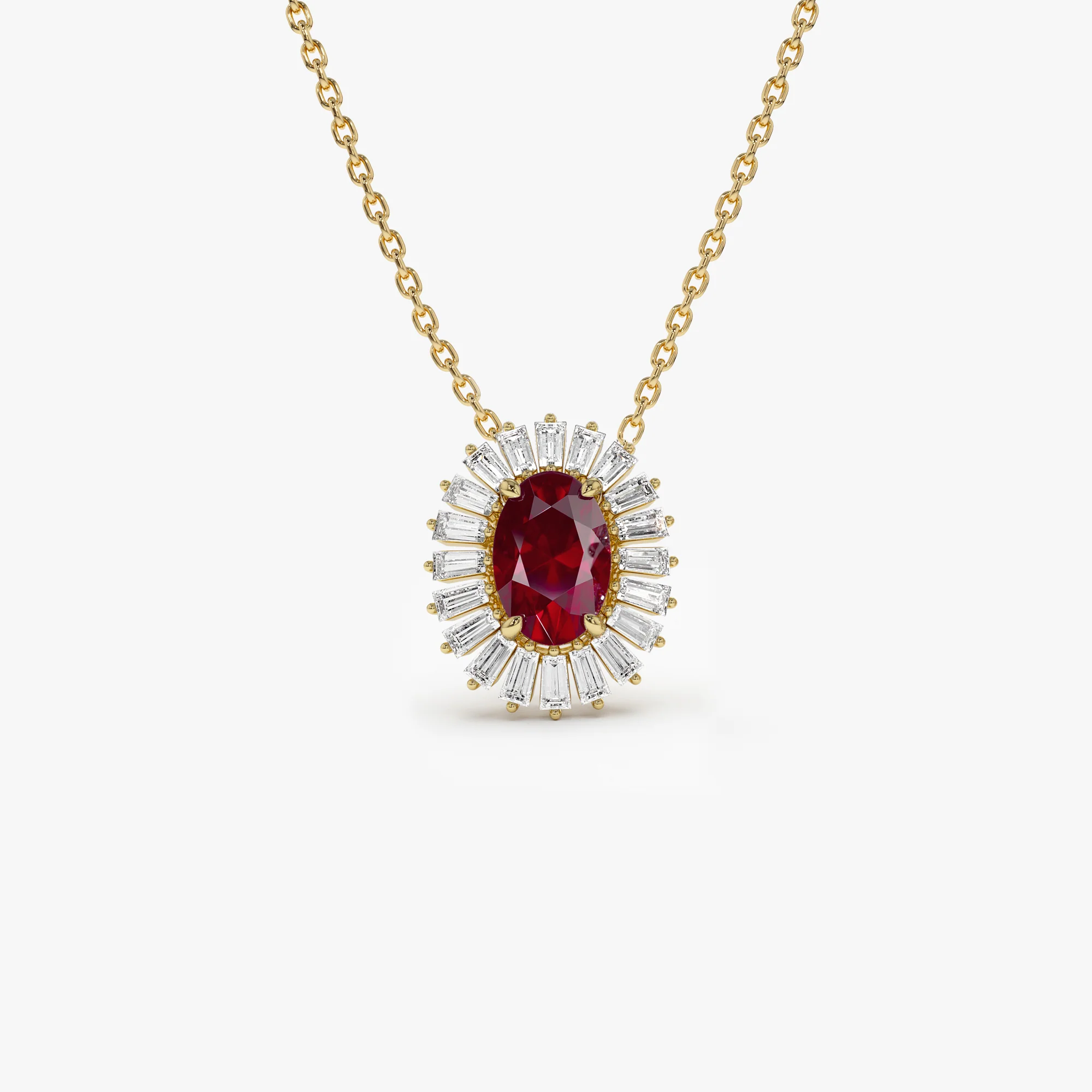 14k Oval Shape Ruby with Baguette Halo Setting Necklace