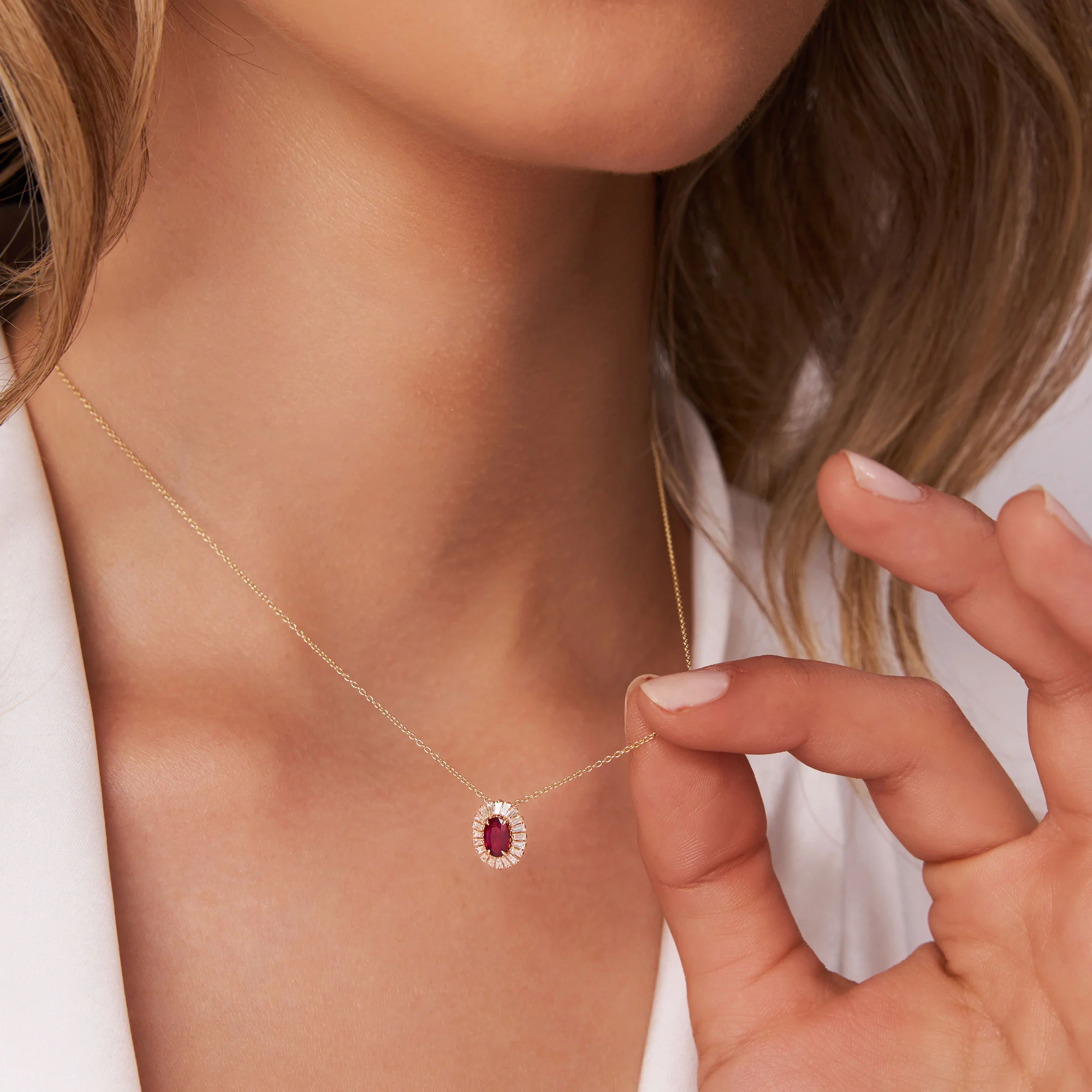 14k Oval Shape Ruby with Baguette Halo Setting Necklace - Image 2