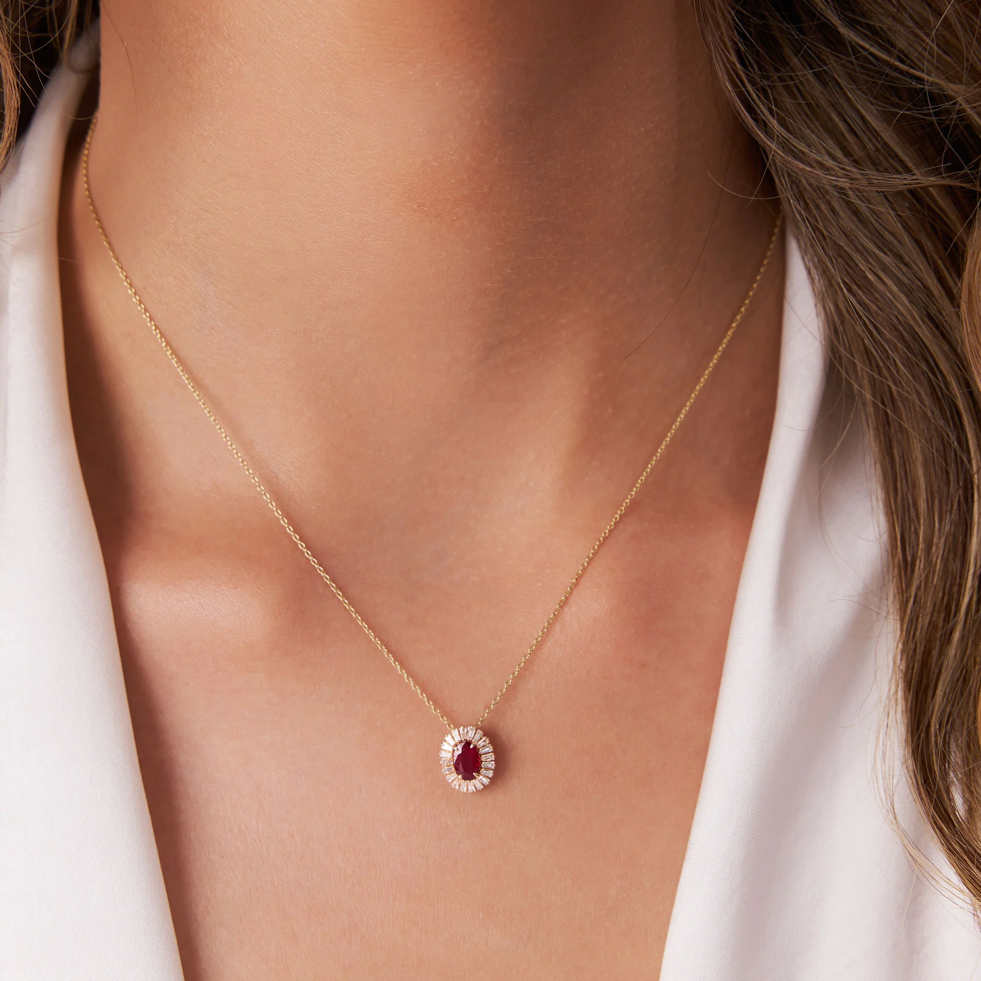 14k Oval Shape Ruby with Baguette Halo Setting Necklace - Image 3