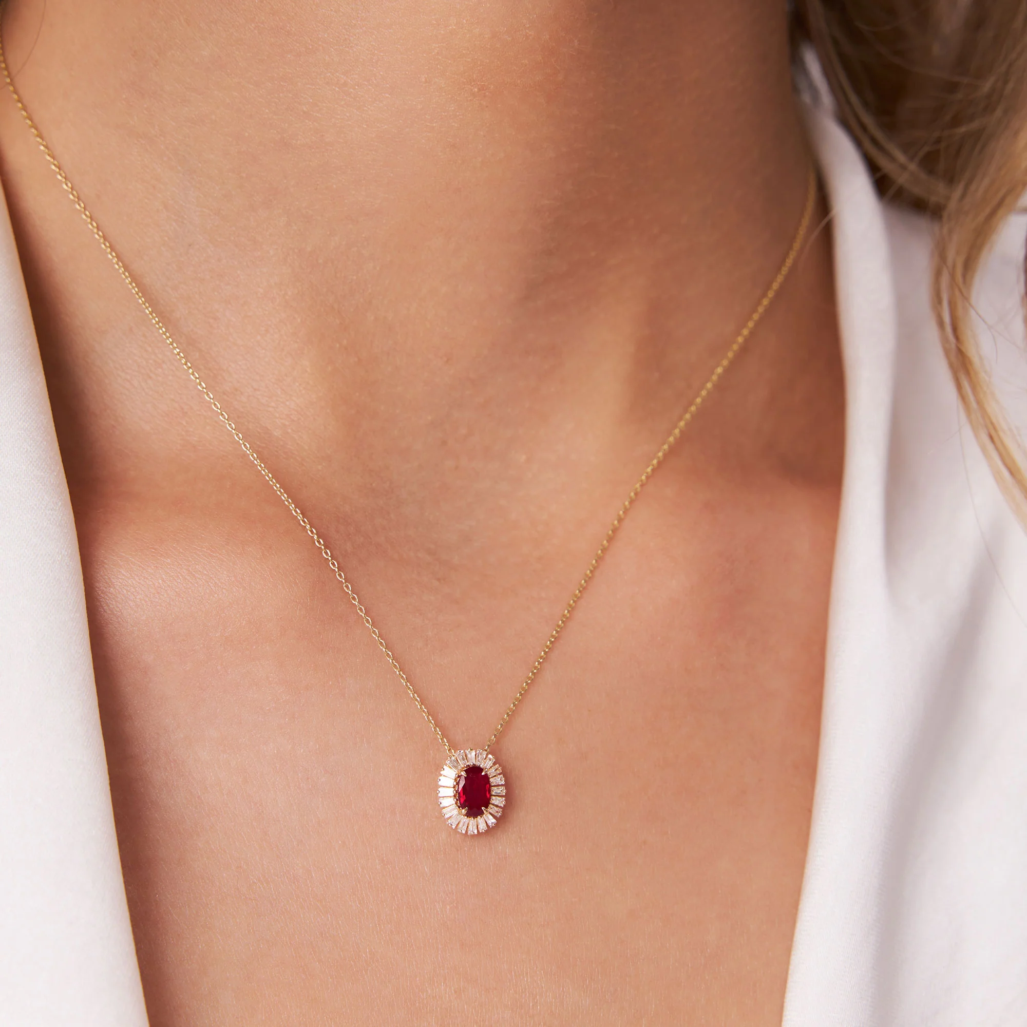 14k Oval Shape Ruby with Baguette Halo Setting Necklace - Image 4