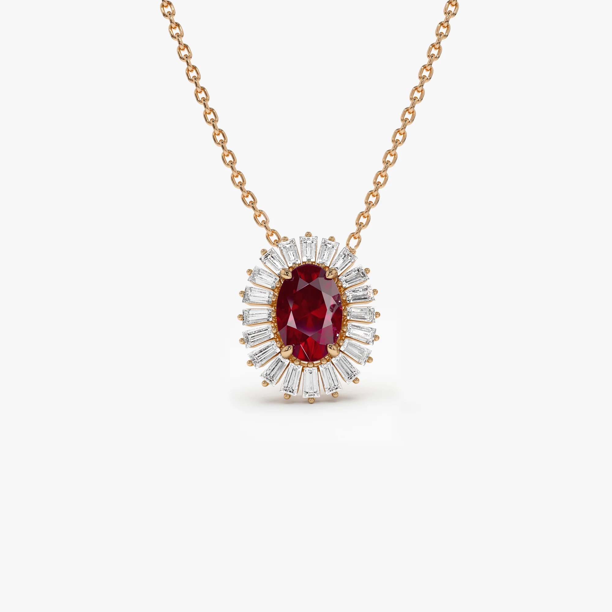14k Oval Shape Ruby with Baguette Halo Setting Necklace - Image 5