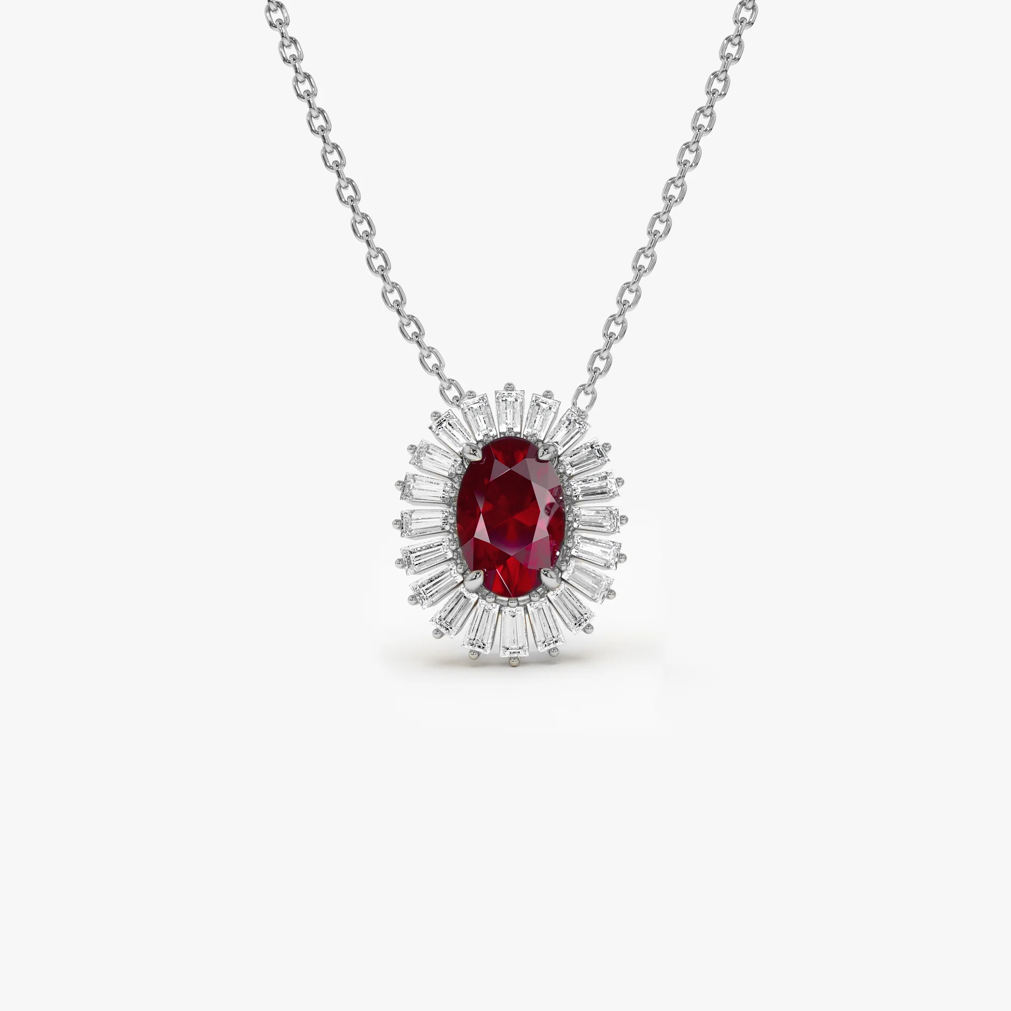 14k Oval Shape Ruby with Baguette Halo Setting Necklace - Image 6