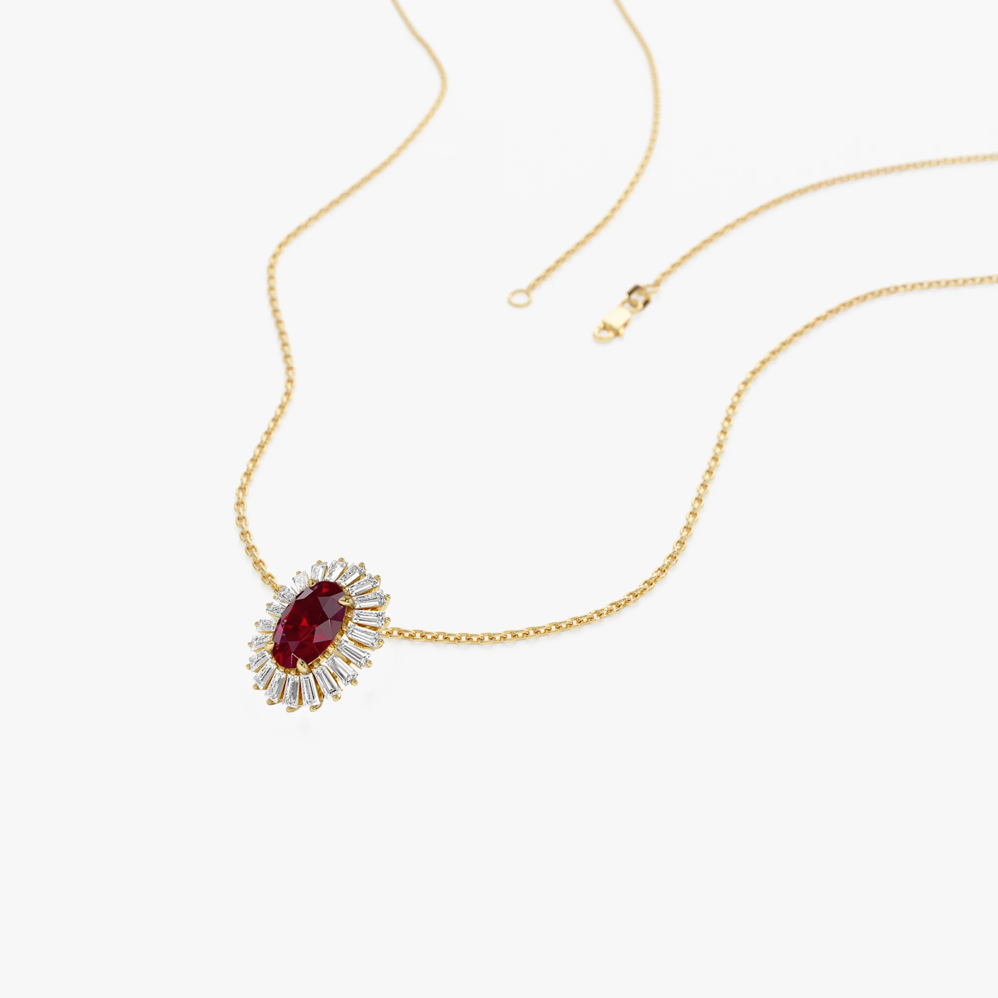 14k Oval Shape Ruby with Baguette Halo Setting Necklace - Image 7