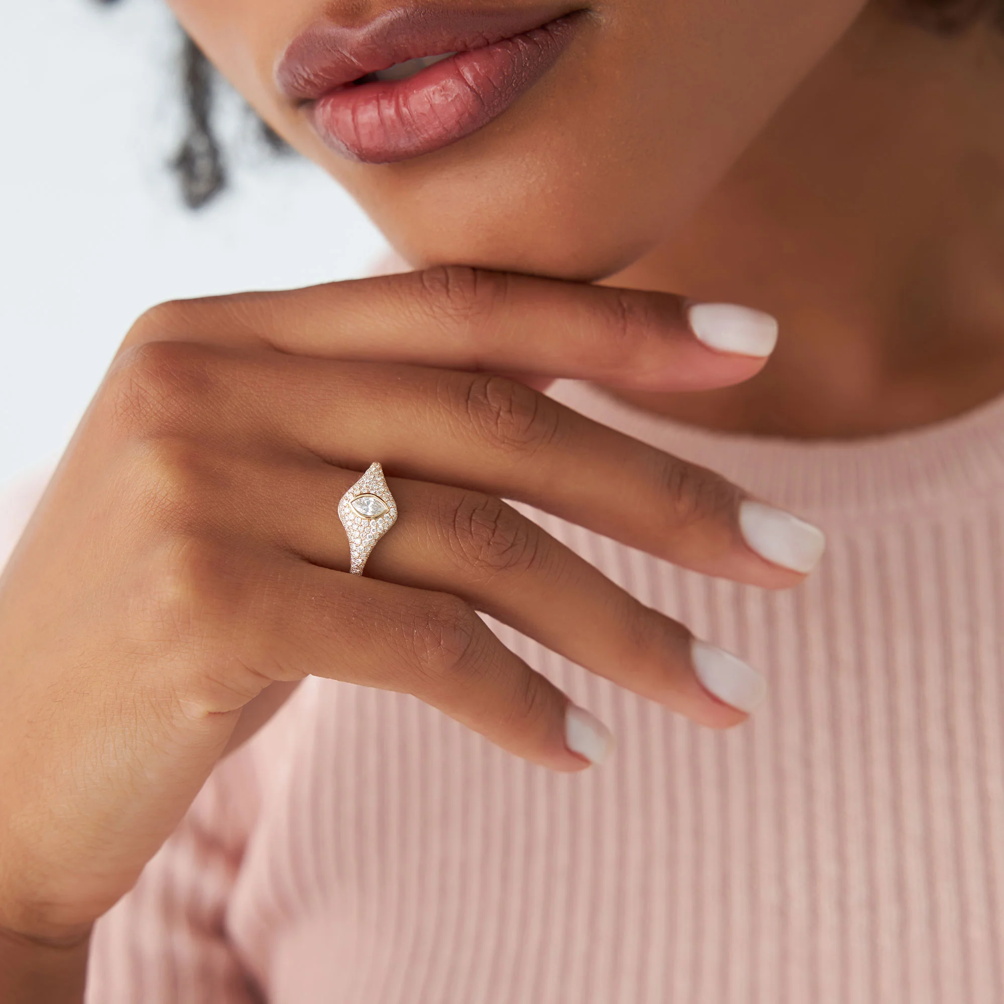 14K Pave Setting Marquise Shaped Diamond Signet Ring - Image 2