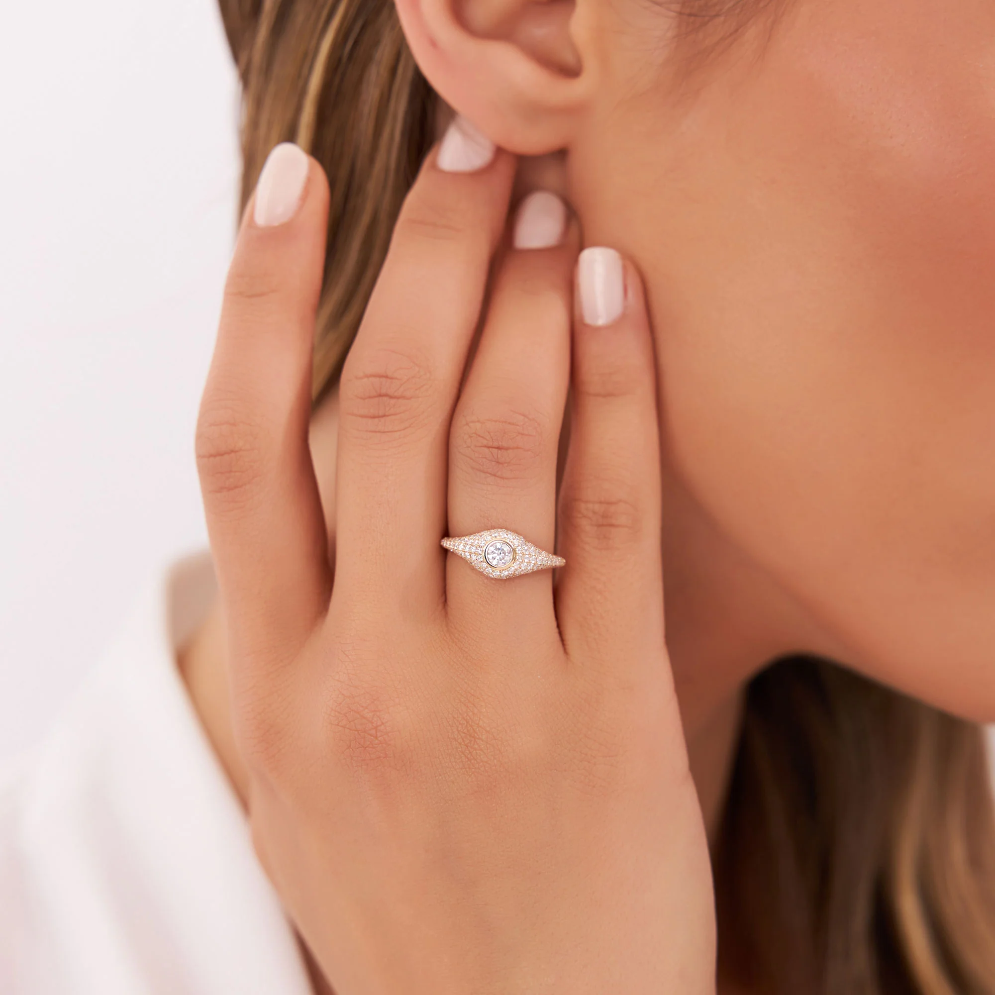 14K Pave Setting Round Diamond Signet Ring - Image 2