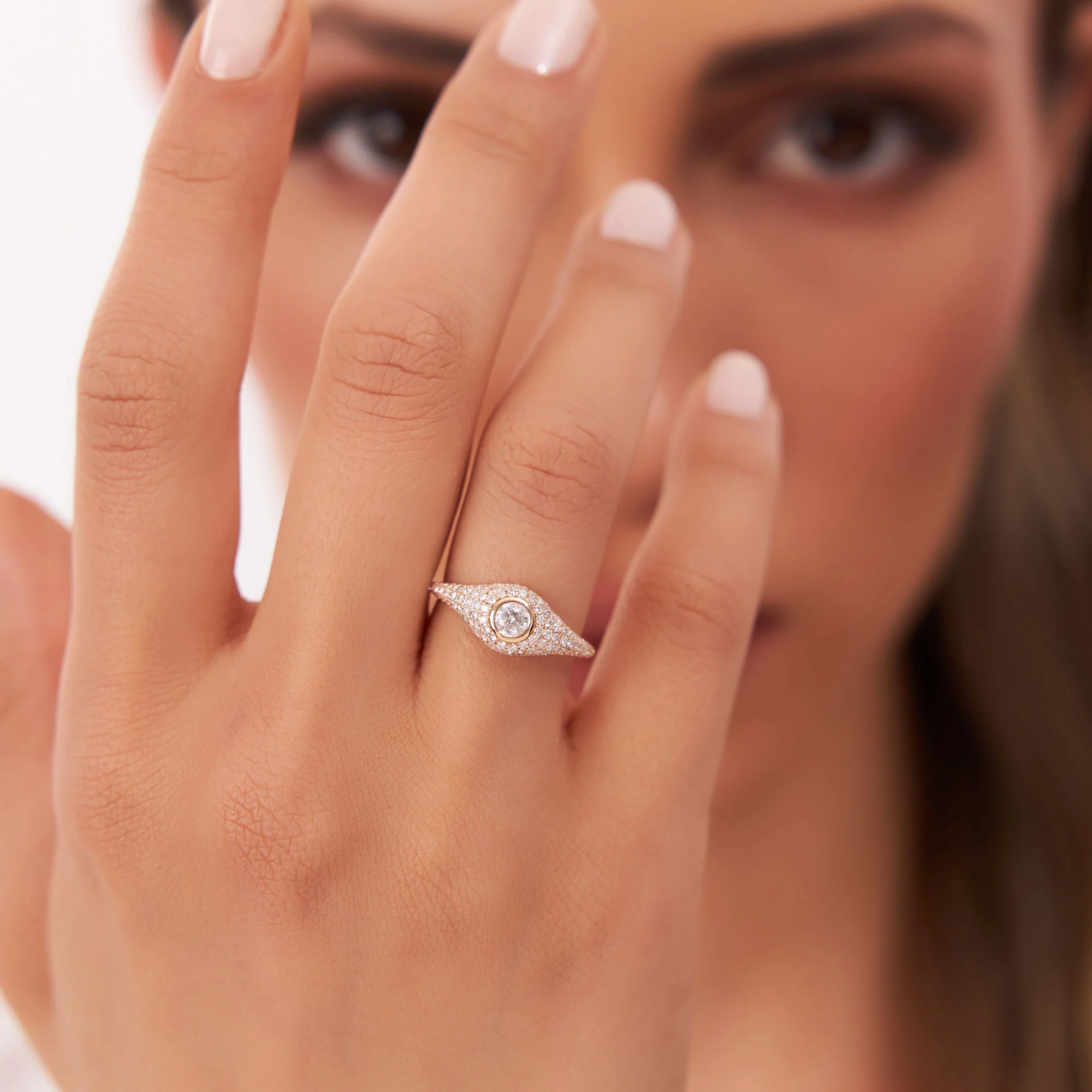 14K Pave Setting Round Diamond Signet Ring - Image 3