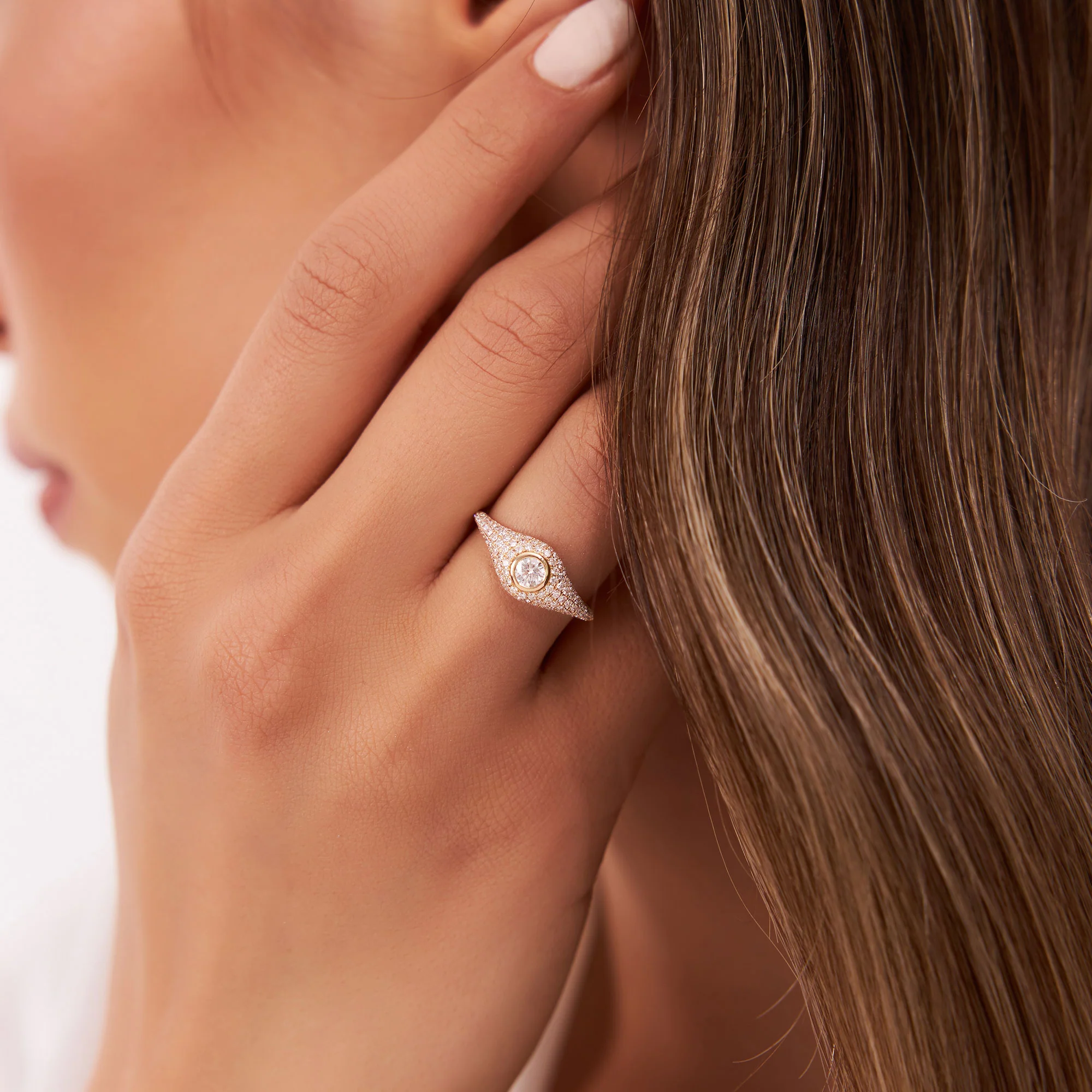 14K Pave Setting Round Diamond Signet Ring - Image 4