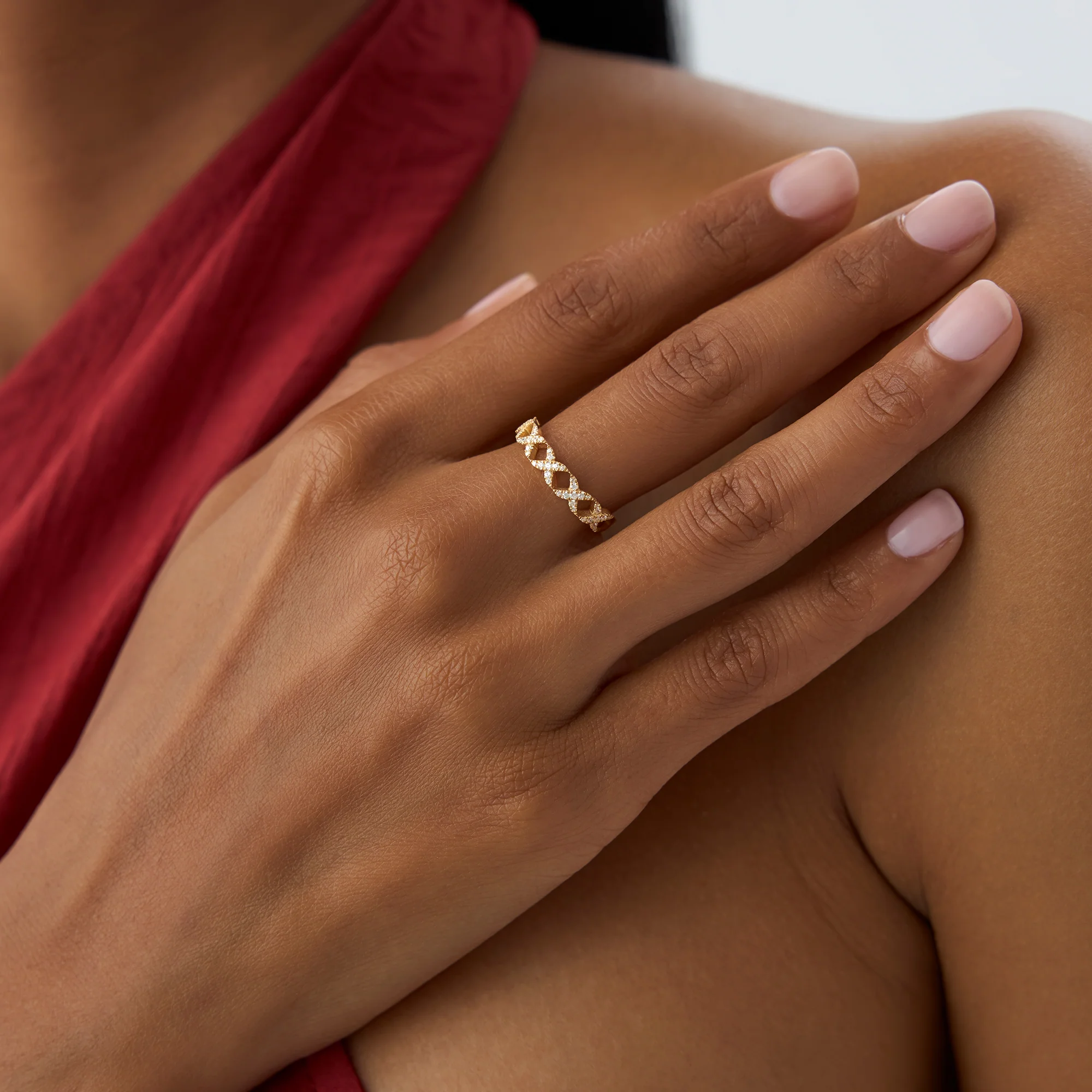 14k Pave Setting Round Diamond X Ring - Image 3