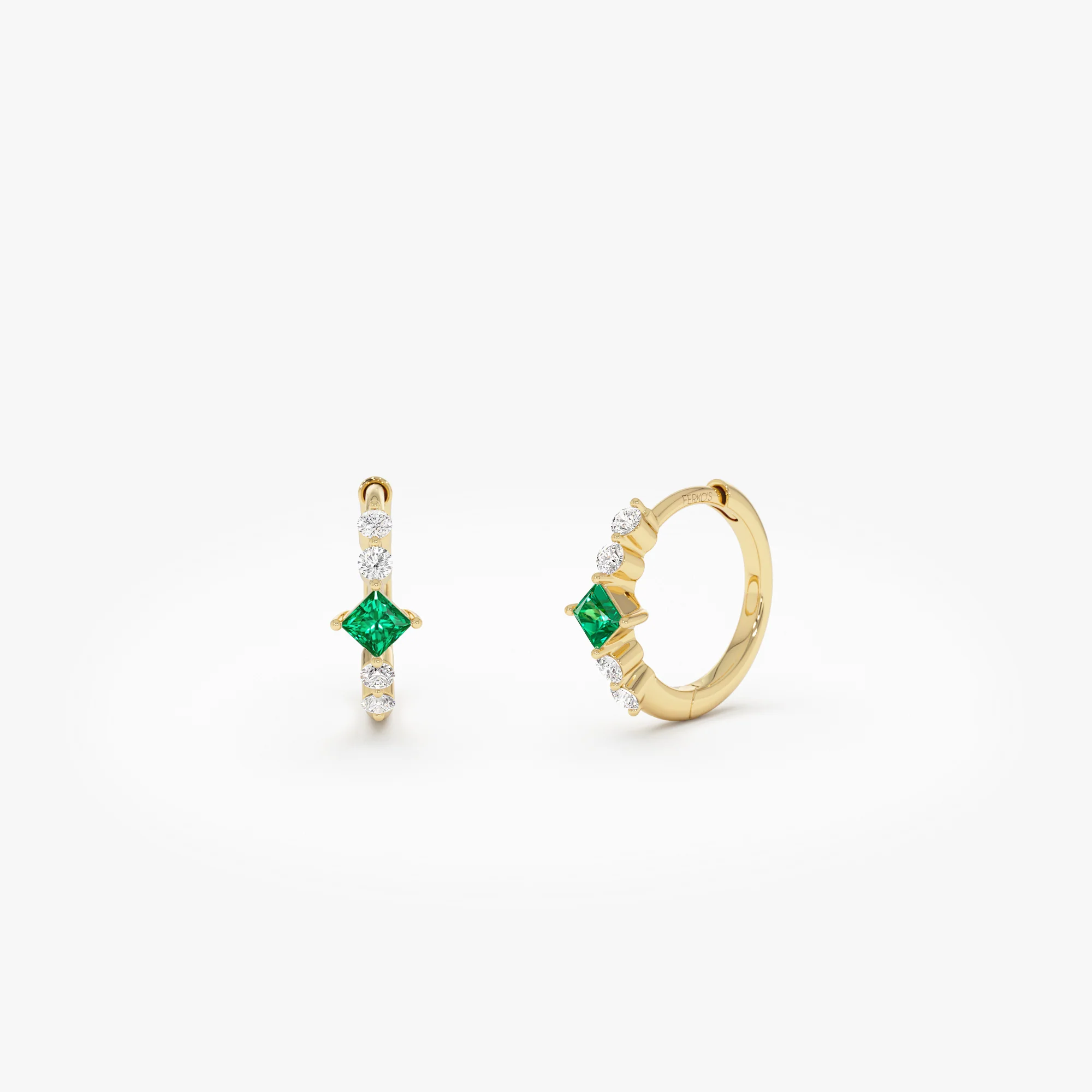 14k Princess Cut Emerald and Diamond Hoop Earrings