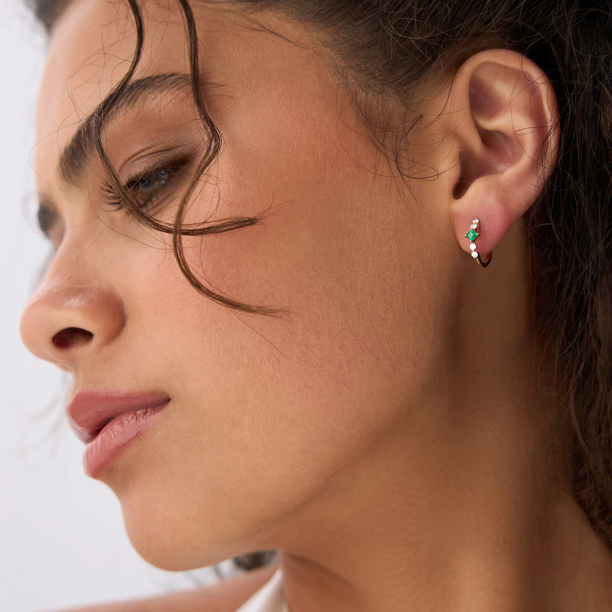 14k Princess Cut Emerald and Diamond Hoop Earrings - Image 2