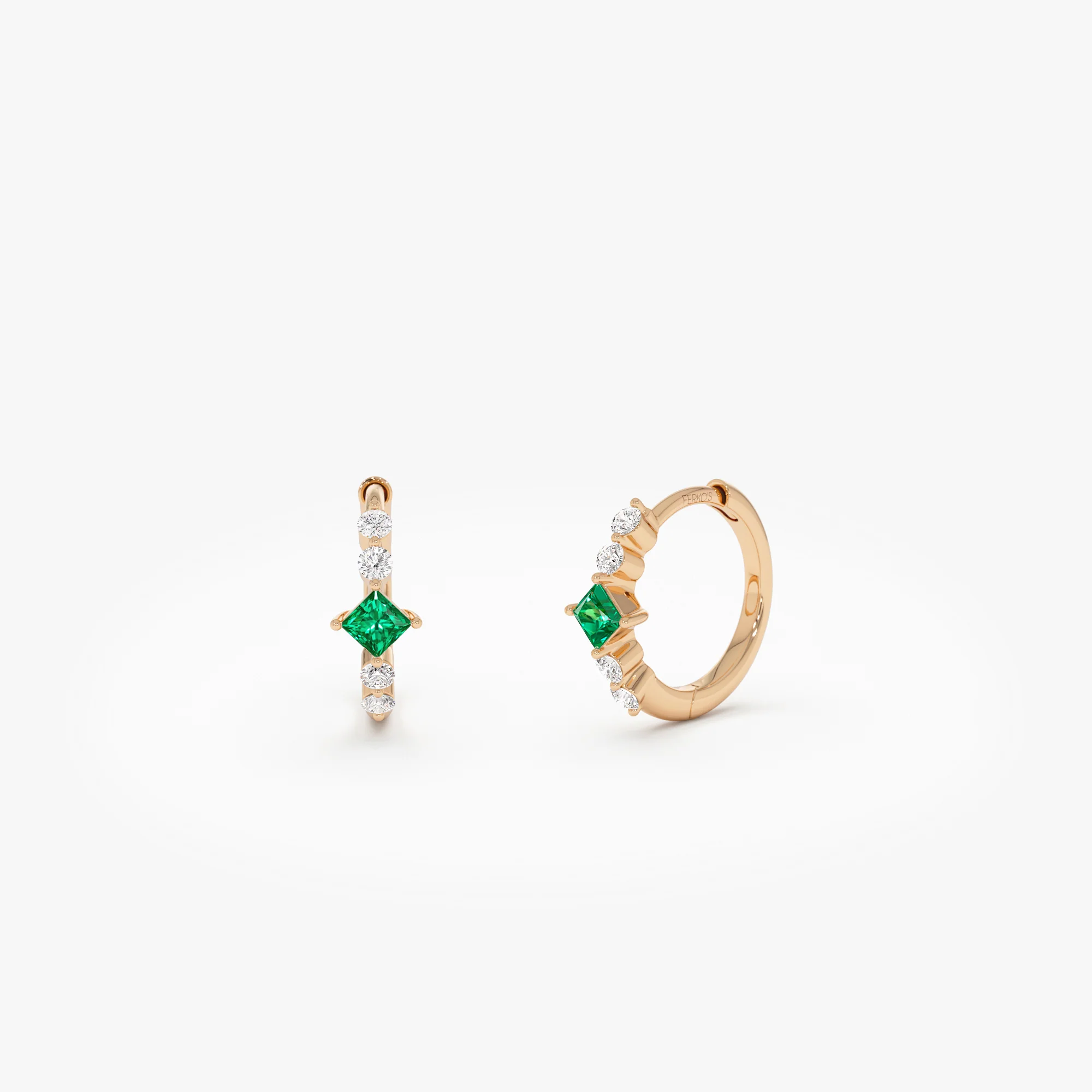 14k Princess Cut Emerald and Diamond Hoop Earrings - Image 6