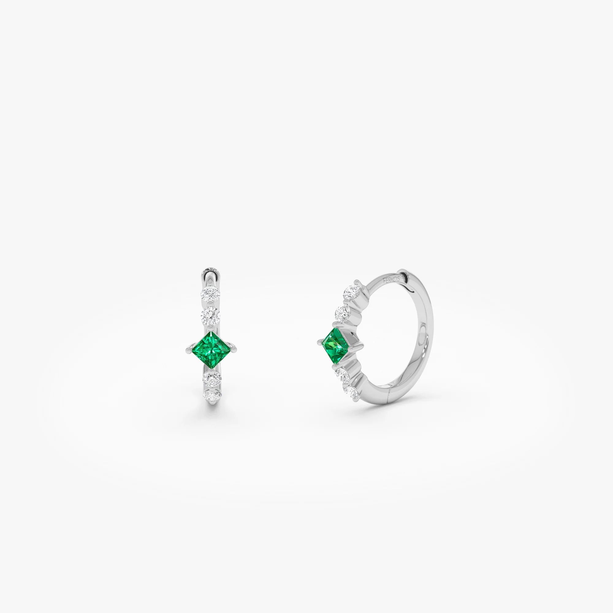 14k Princess Cut Emerald and Diamond Hoop Earrings - Image 7