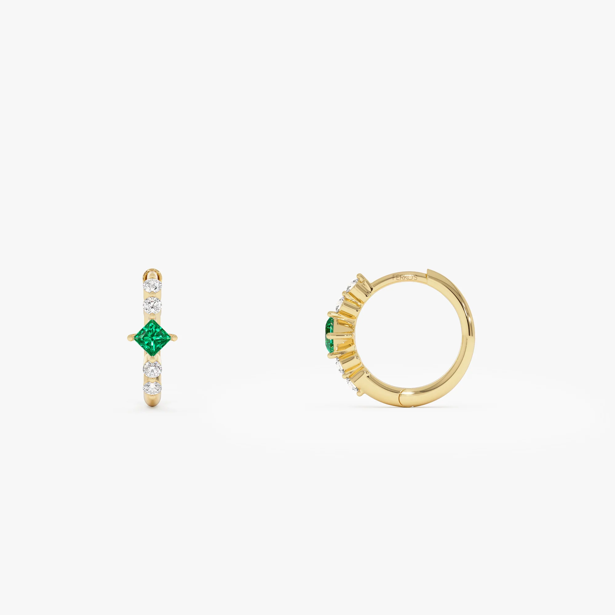 14k Princess Cut Emerald and Diamond Hoop Earrings - Image 8