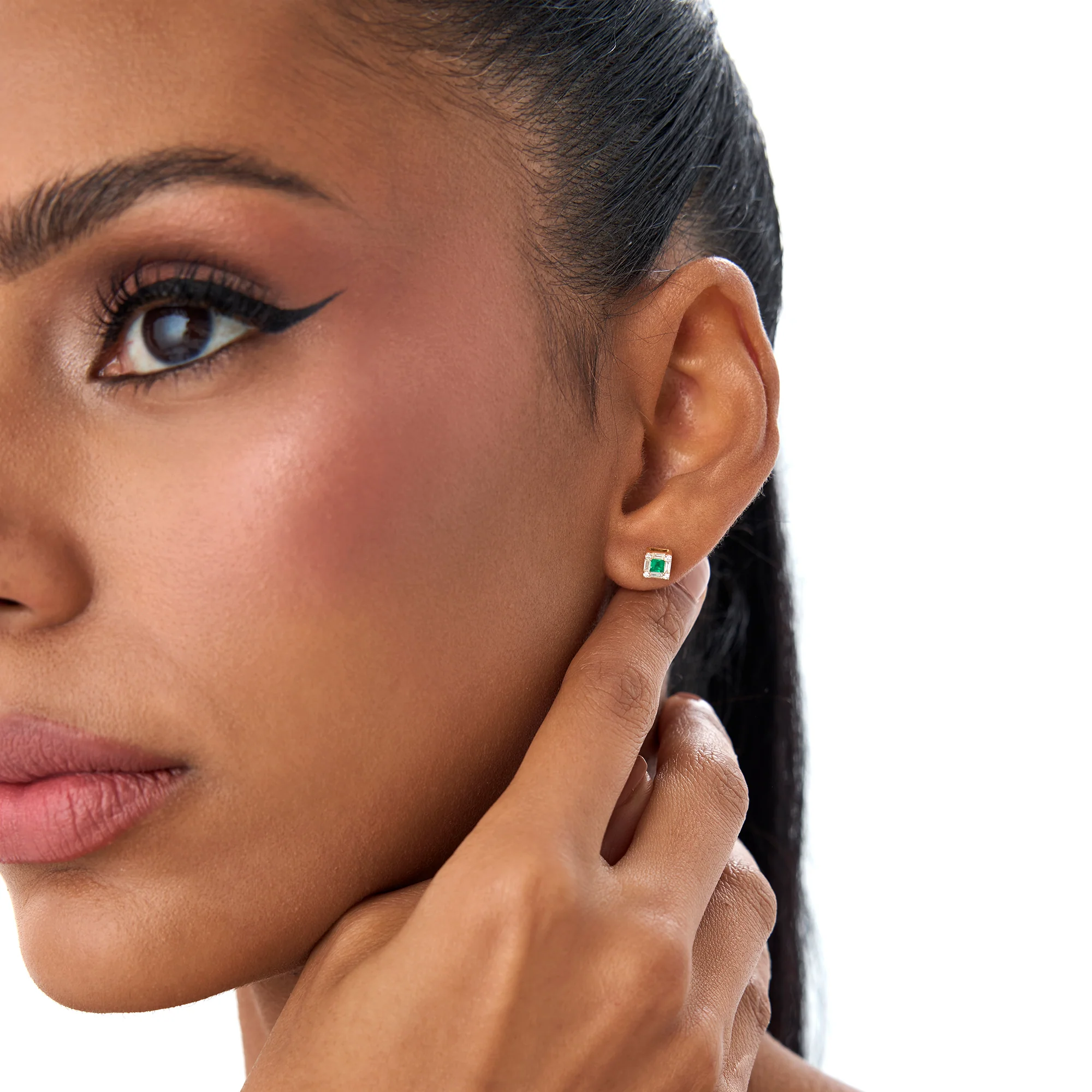 14K Princess-Cut Emerald Stud Earrings with Diamond Halo - Image 3
