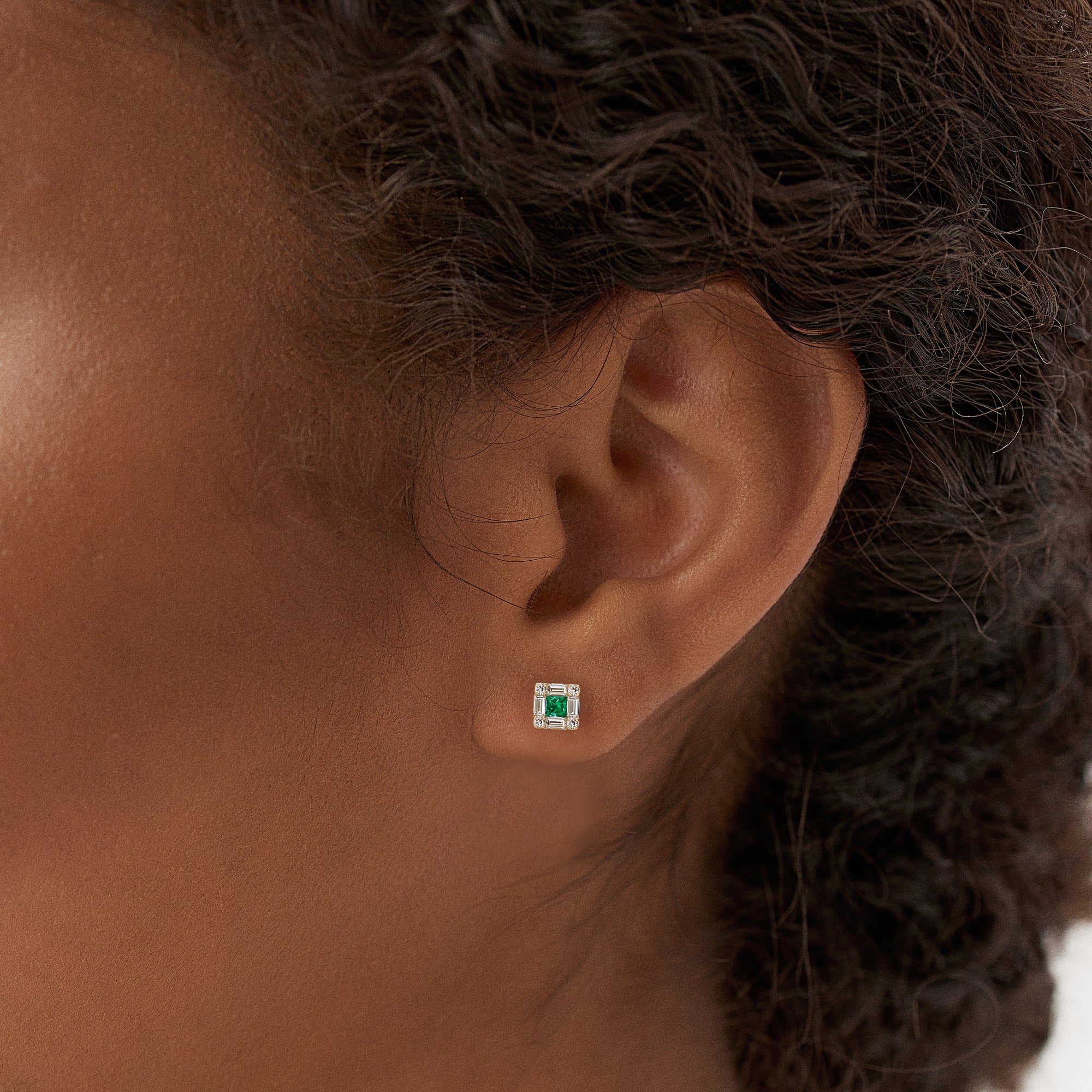 14K Princess-Cut Emerald Stud Earrings with Diamond Halo - Image 4
