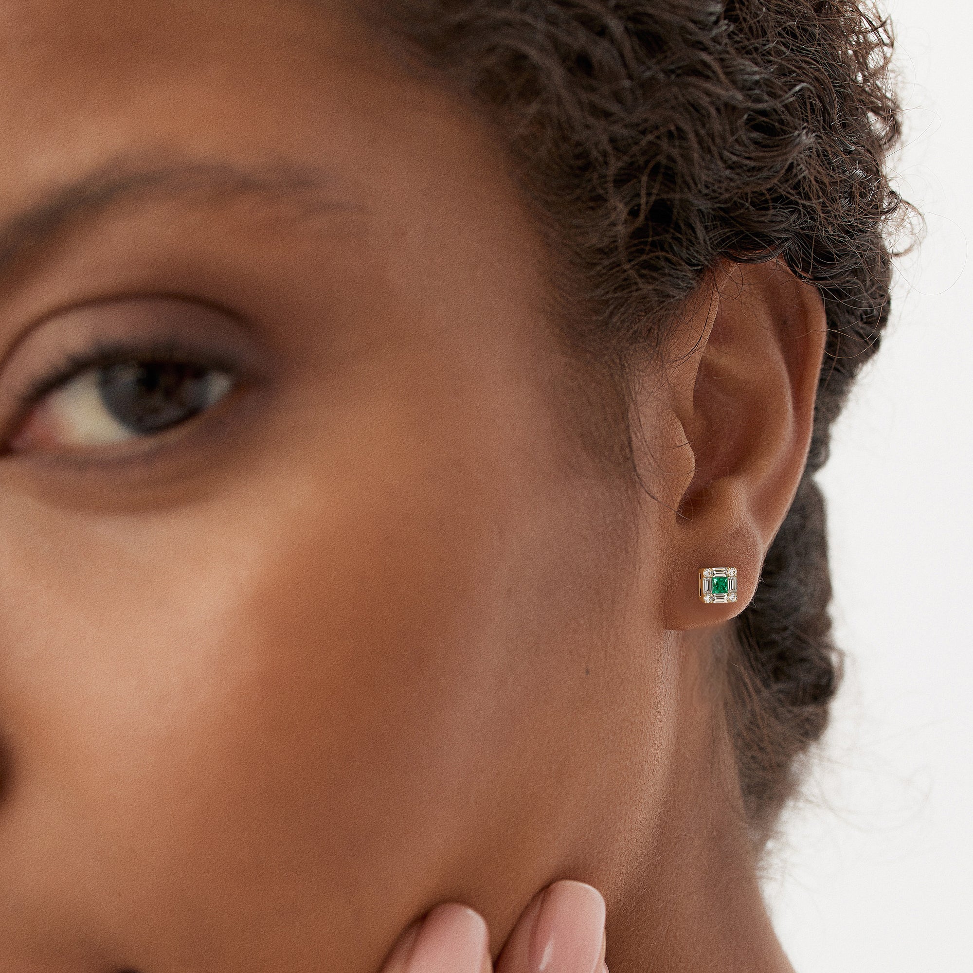 14K Princess-Cut Emerald Stud Earrings with Diamond Halo - Image 5