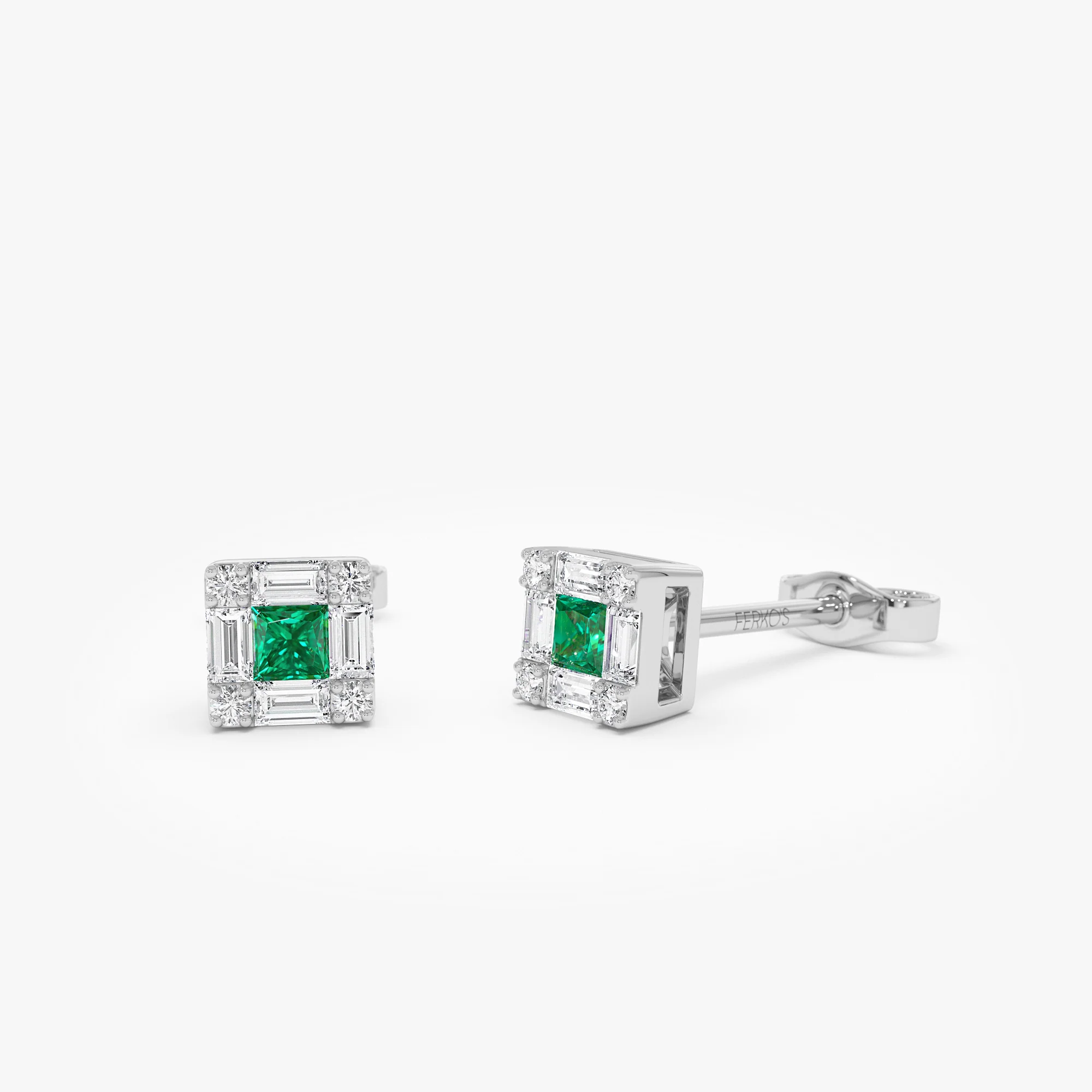14K Princess-Cut Emerald Stud Earrings with Diamond Halo - Image 6