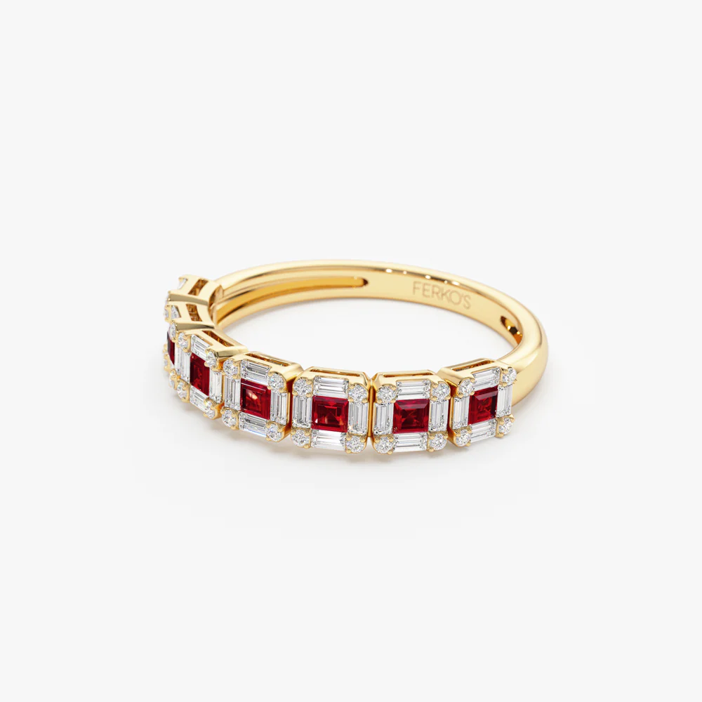 14k Princess Cut Ruby W/ Baguette and Round Diamond Ring - Image 8